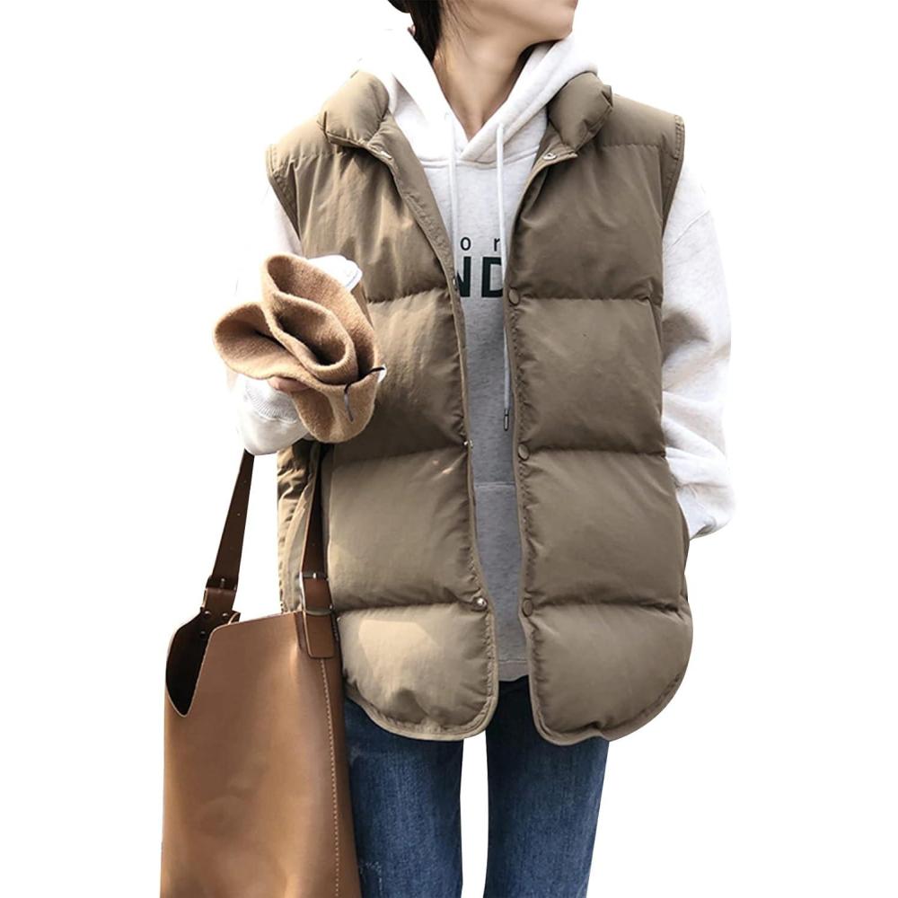Arssm Women’s Winter Oversized Puffer Vest Lightweight Sleeveless Puffy Jacket Winter Warm Casual Work Vests(Khaki-XL)