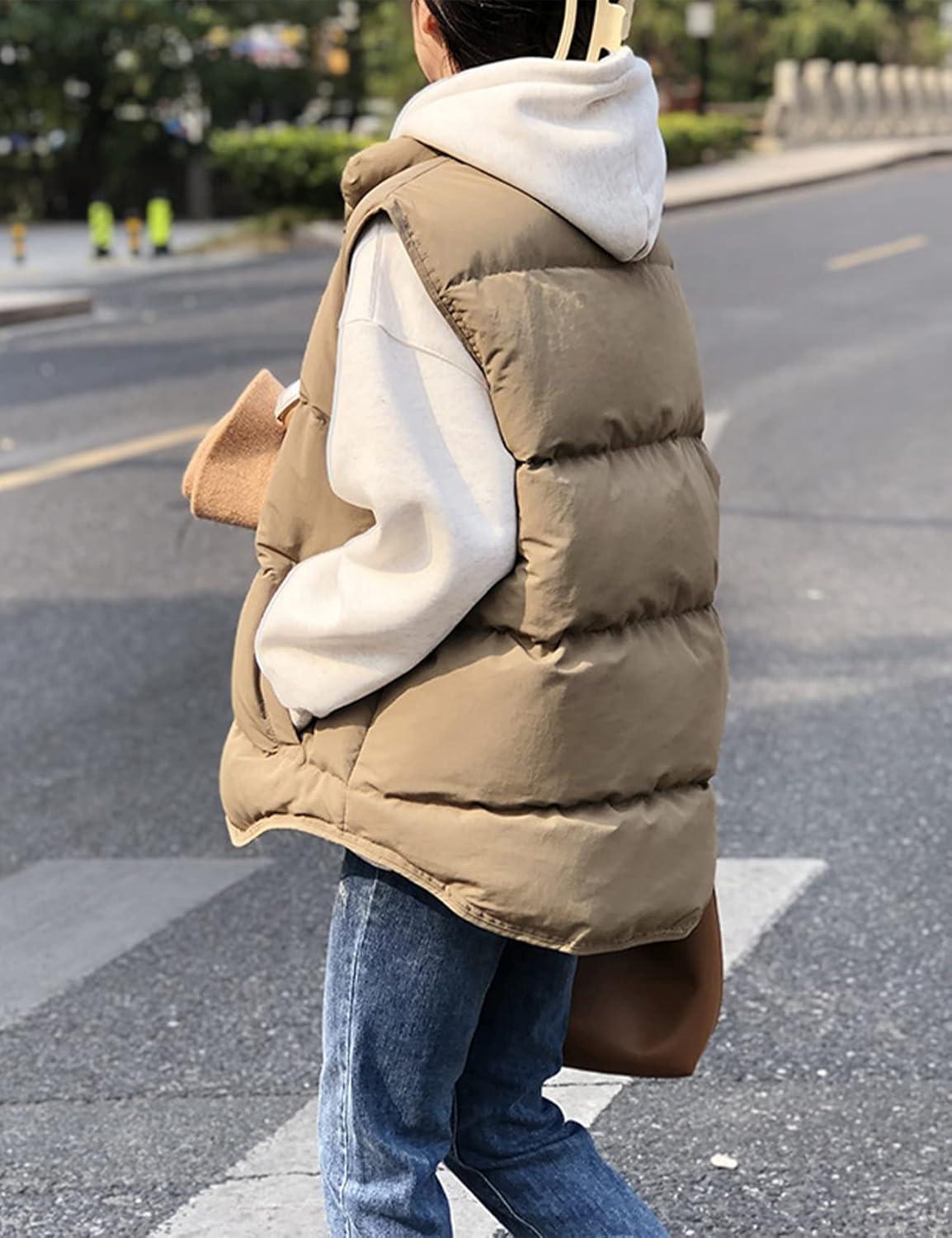 Arssm Women’s Winter Oversized Puffer Vest Lightweight Sleeveless Puffy Jacket Winter Warm Casual Work Vests(Khaki-XL)