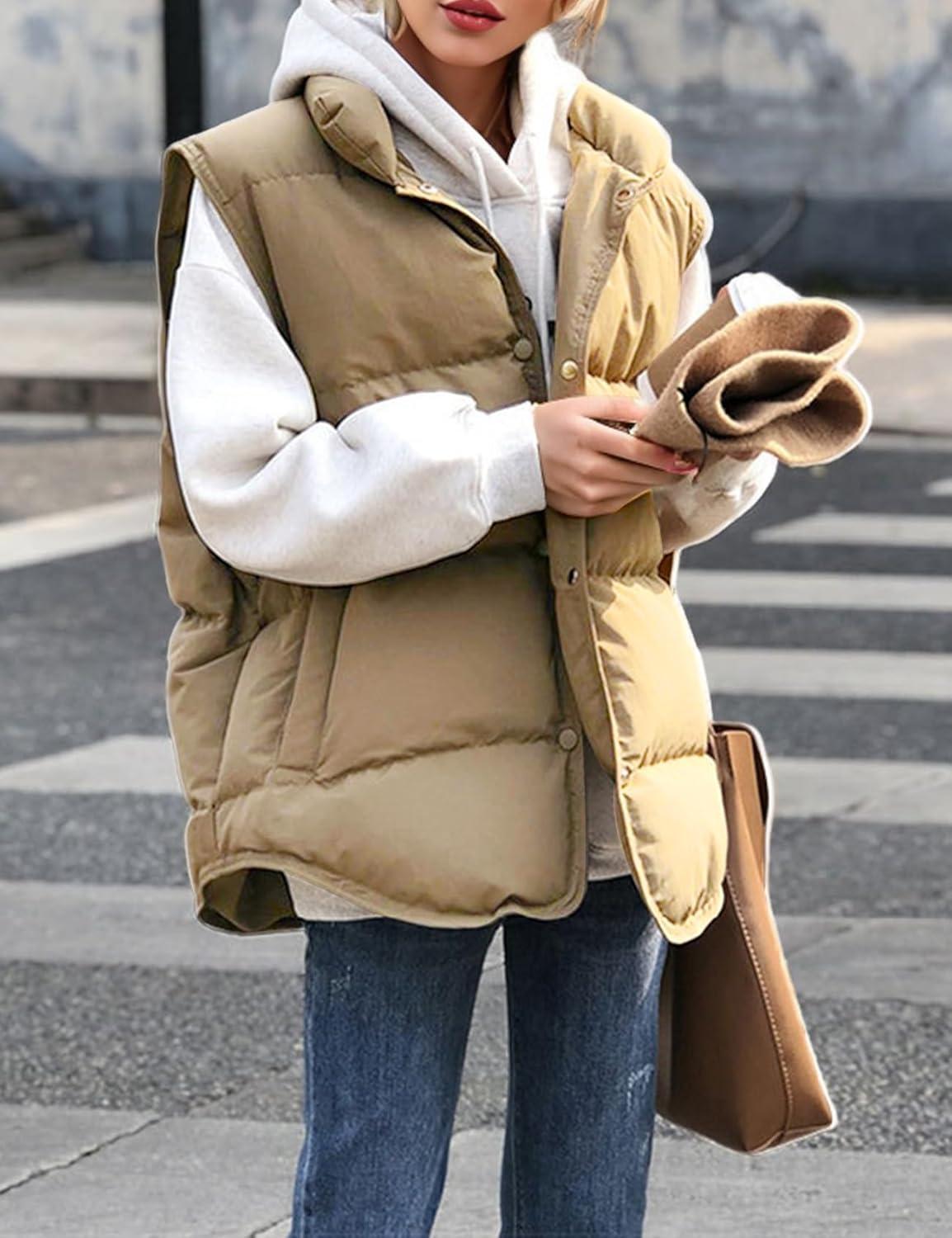 Arssm Women’s Winter Oversized Puffer Vest Lightweight Sleeveless Puffy Jacket Winter Warm Casual Work Vests(Khaki-XL)