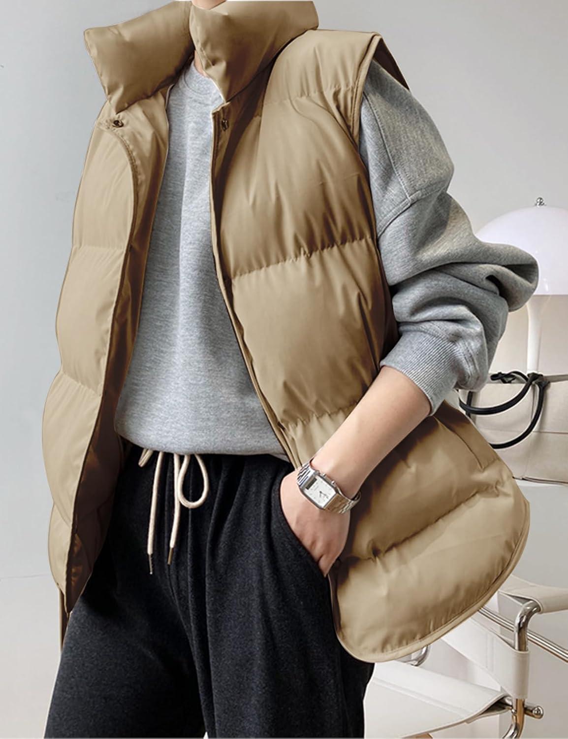 Arssm Women’s Winter Oversized Puffer Vest Lightweight Sleeveless Puffy Jacket Winter Warm Casual Work Vests(Khaki-XL)