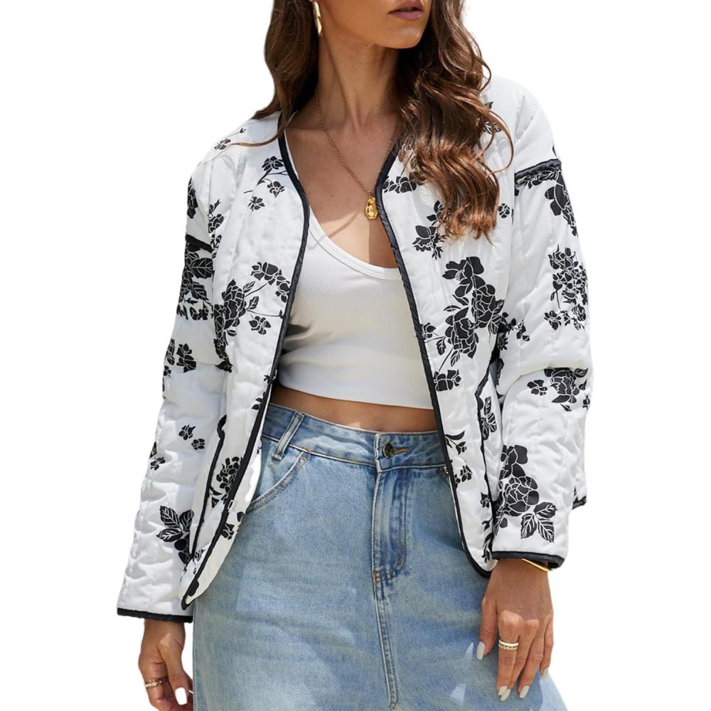Women’s Cropped Puffer Quilted Jacket Lightweight Long Sleeve Padded Floral Print Puffy Cardigan Outwear Coat(White)