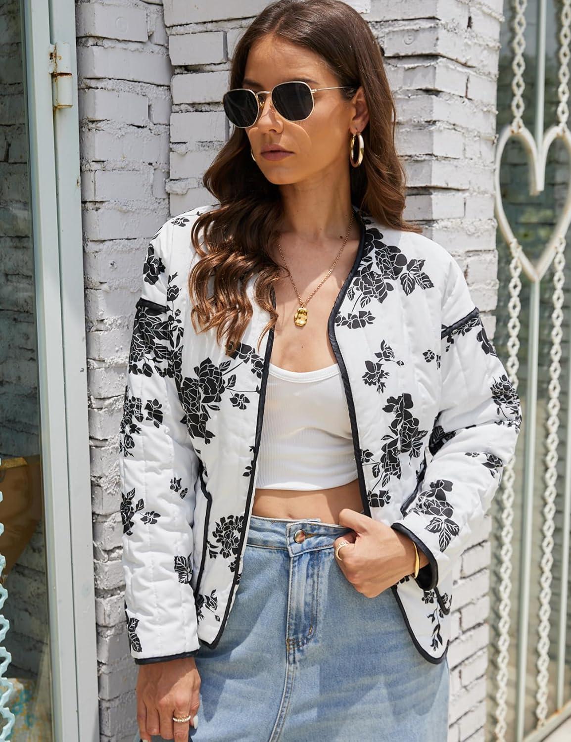 Women’s Cropped Puffer Quilted Jacket Lightweight Long Sleeve Padded Floral Print Puffy Cardigan Outwear Coat(White)
