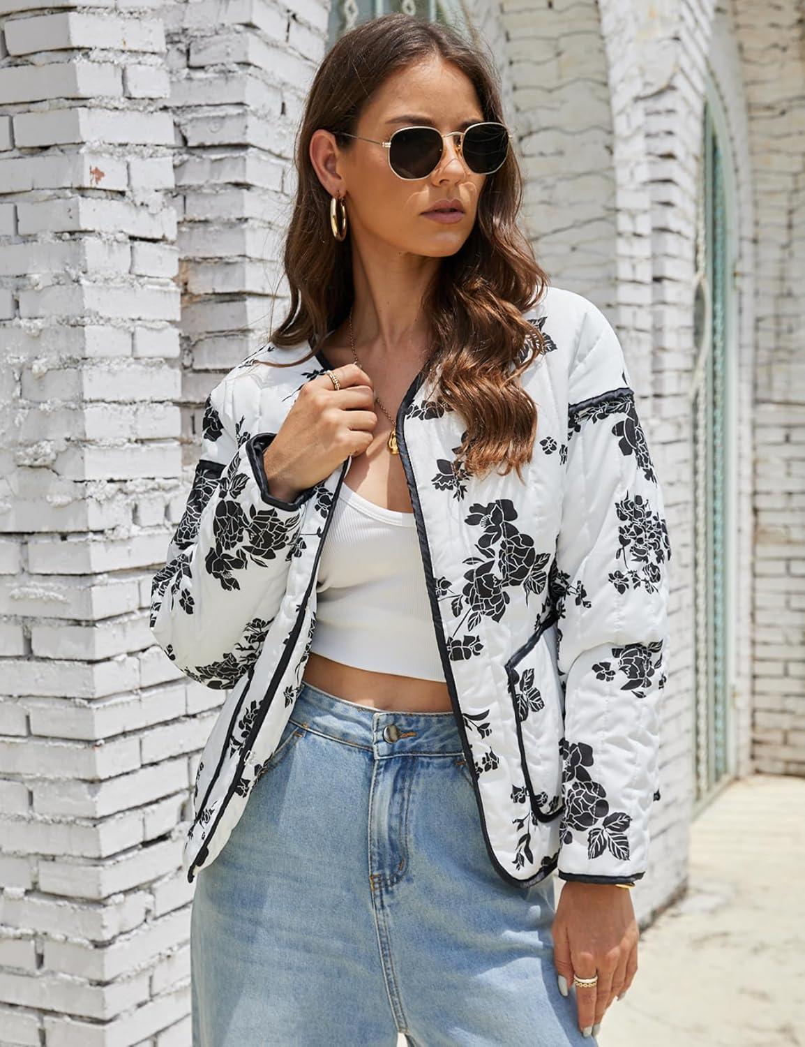 Women’s Cropped Puffer Quilted Jacket Lightweight Long Sleeve Padded Floral Print Puffy Cardigan Outwear Coat(White)