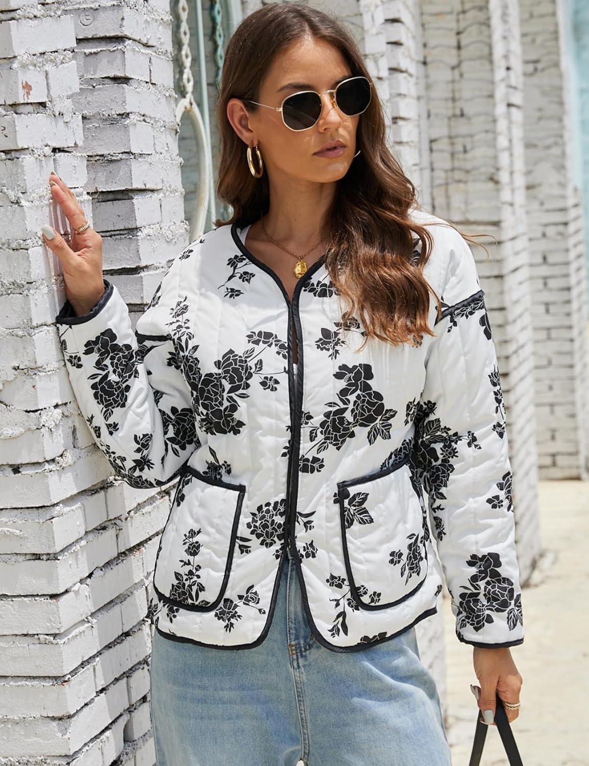 Women’s Cropped Puffer Quilted Jacket Lightweight Long Sleeve Padded Floral Print Puffy Cardigan Outwear Coat(White)