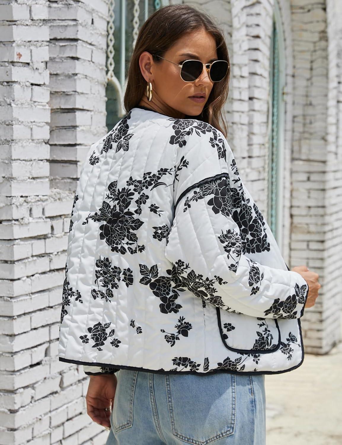Women’s Cropped Puffer Quilted Jacket Lightweight Long Sleeve Padded Floral Print Puffy Cardigan Outwear Coat(White)