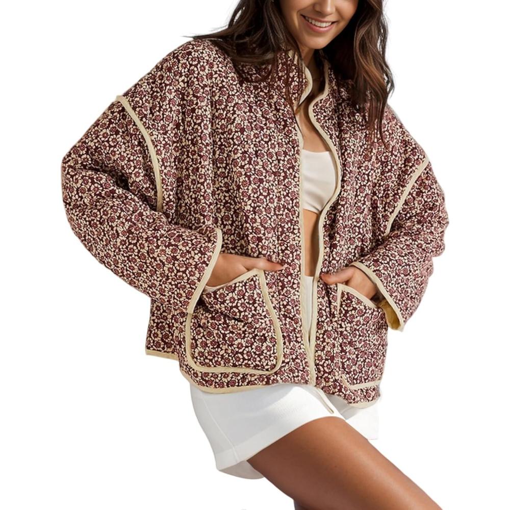 Arssm Women Floral Quilted Puffer Jacket Cropped Lightweight Patchwork Vintage Padded Short Coat Outerwear(Red)