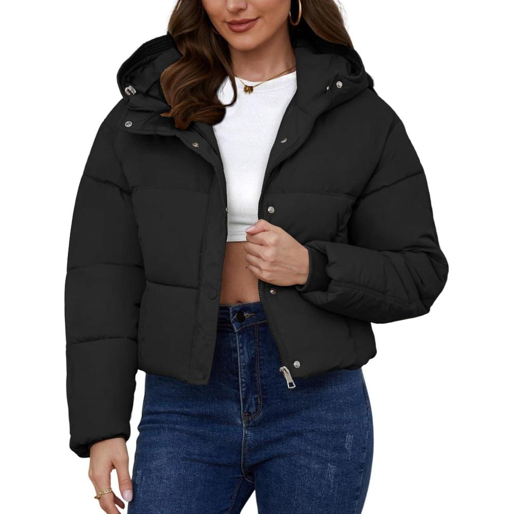 Arssm Womens Hooded Quilted Puffer Jacket Winter Warm Padded Coats Long Sleeve Puffy Bubble Coat with Hood(Black)