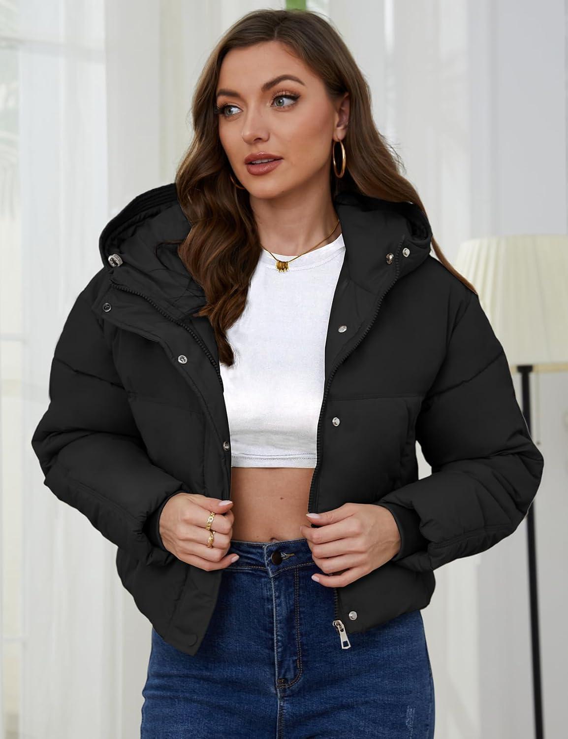 Arssm Womens Hooded Quilted Puffer Jacket Winter Warm Padded Coats Long Sleeve Puffy Bubble Coat with Hood(Black)