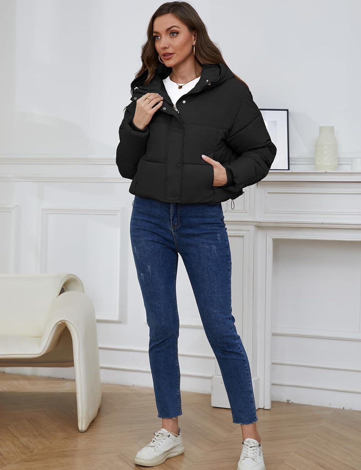 Arssm Womens Hooded Quilted Puffer Jacket Winter Warm Padded Coats Long Sleeve Puffy Bubble Coat with Hood(Black)