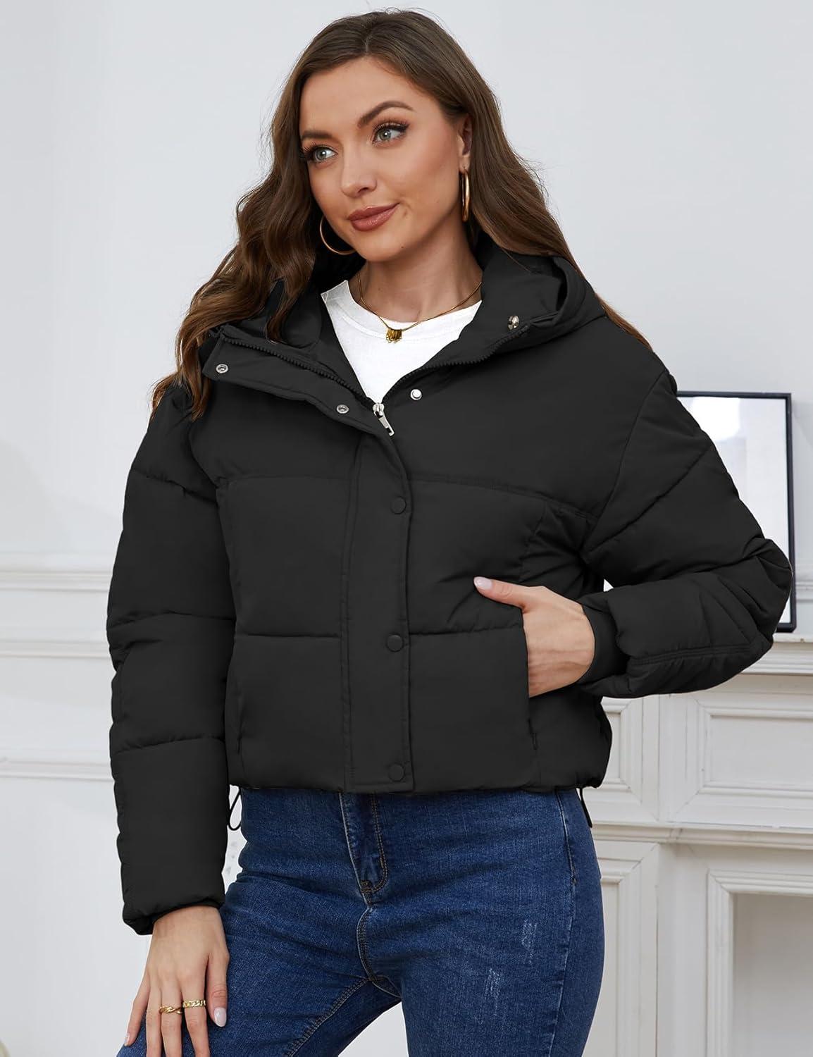 Arssm Womens Hooded Quilted Puffer Jacket Winter Warm Padded Coats Long Sleeve Puffy Bubble Coat with Hood(Black)