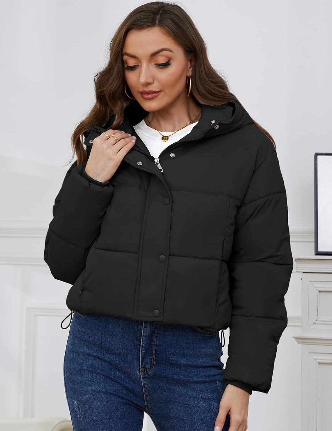 Arssm Womens Hooded Quilted Puffer Jacket Winter Warm Padded Coats Long Sleeve Puffy Bubble Coat with Hood(Black)