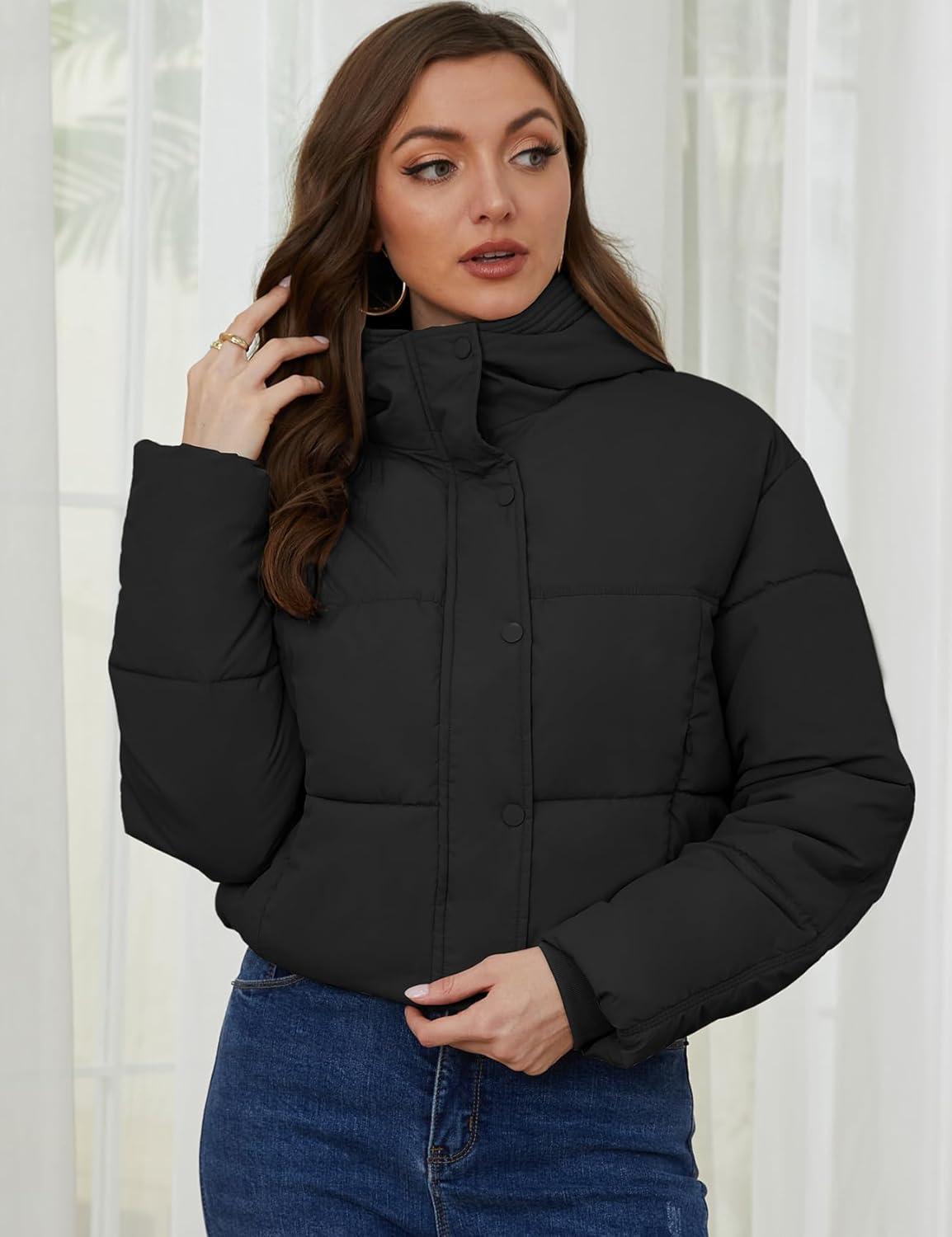 Arssm Womens Hooded Quilted Puffer Jacket Winter Warm Padded Coats Long Sleeve Puffy Bubble Coat with Hood(Black)