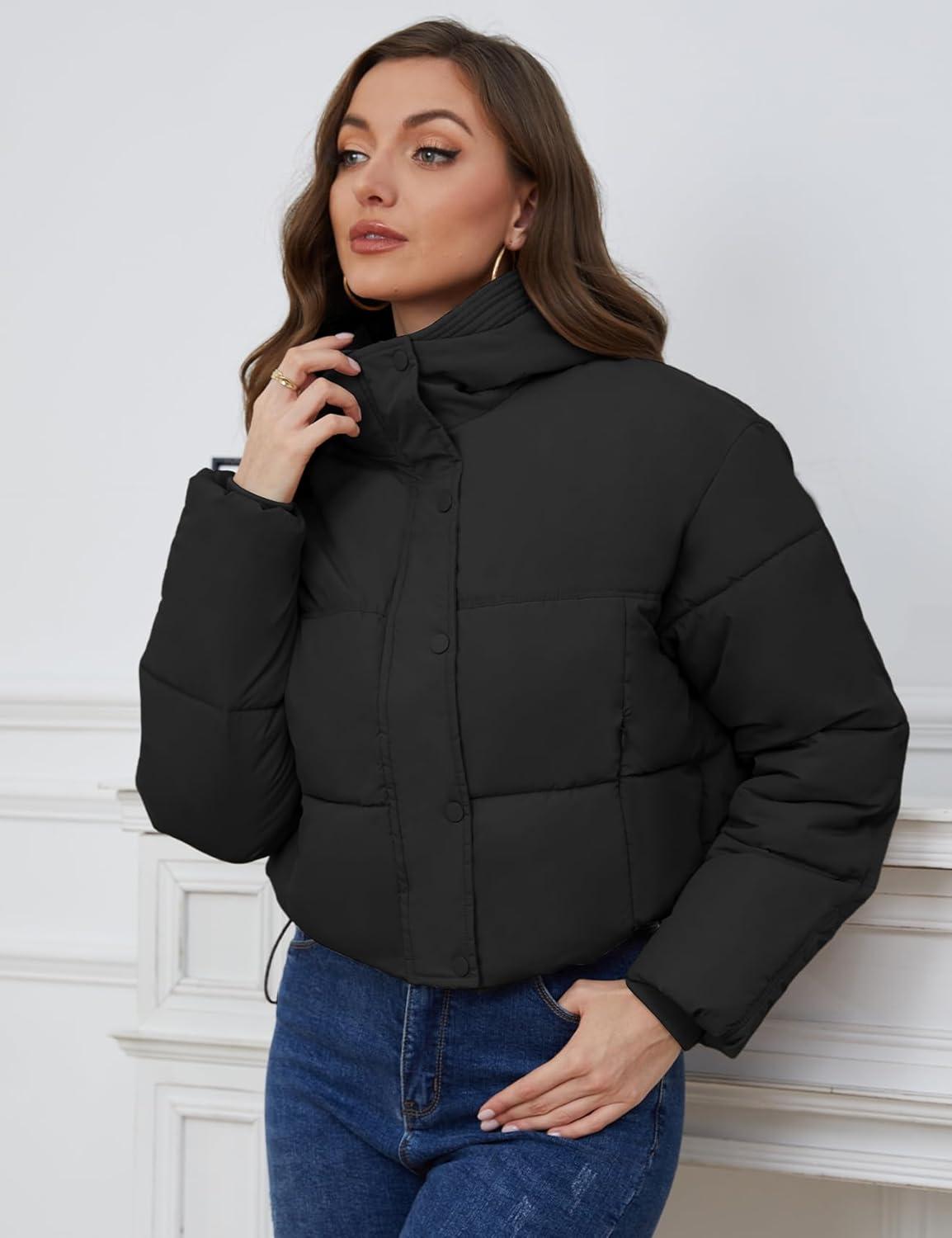 Arssm Womens Hooded Quilted Puffer Jacket Winter Warm Padded Coats Long Sleeve Puffy Bubble Coat with Hood(Black)