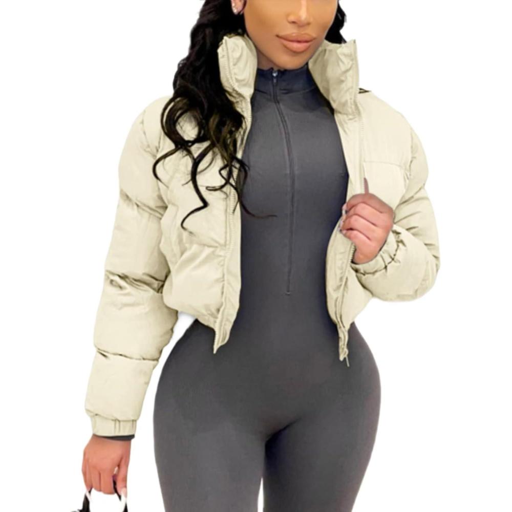 Arssm Women Cropped Puffer Jacket Crop Quilted Jacket Short Warm Winter Coats Padded Puffy Jacket(Beige)