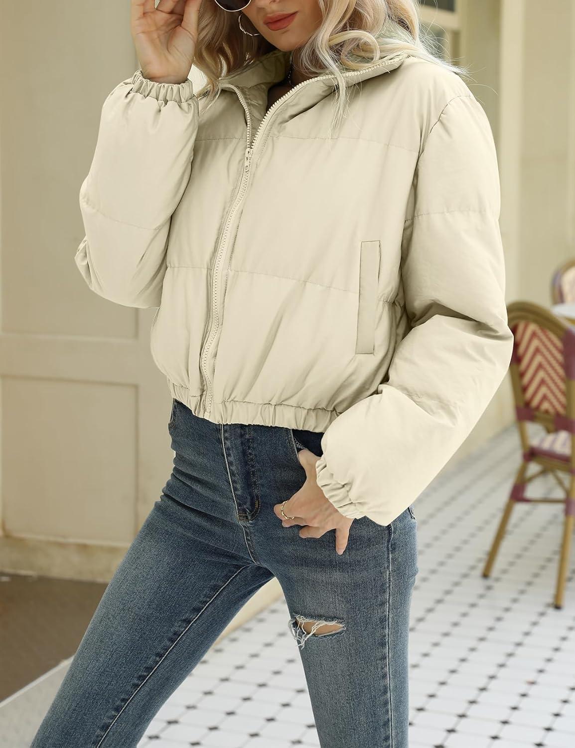 Arssm Women Cropped Puffer Jacket Crop Quilted Jacket Short Warm Winter Coats Padded Puffy Jacket(Beige)