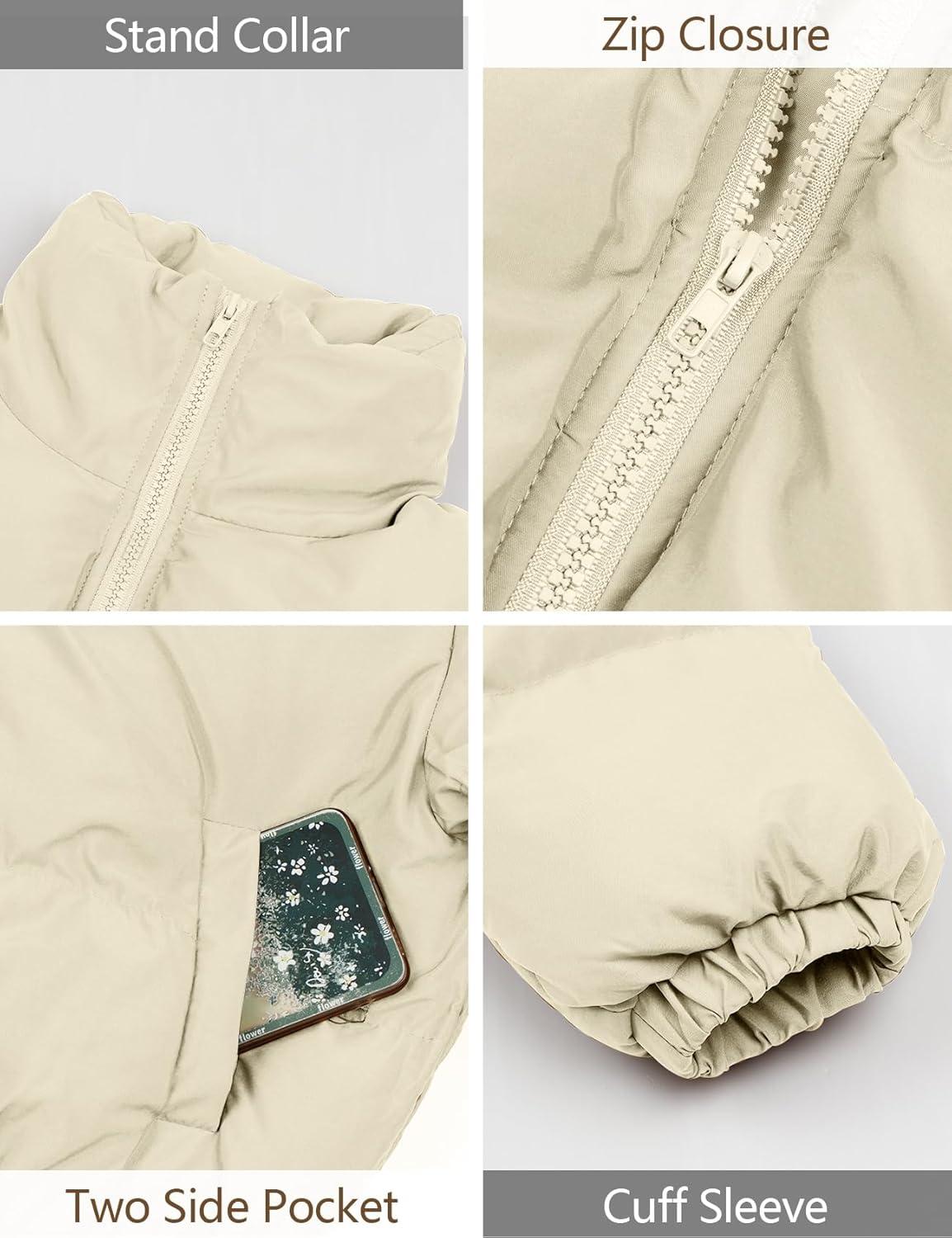 Arssm Women Cropped Puffer Jacket Crop Quilted Jacket Short Warm Winter Coats Padded Puffy Jacket(Beige)