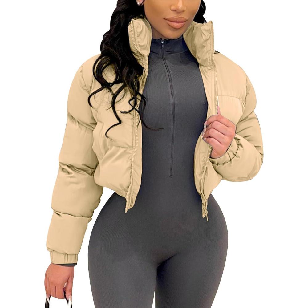 Arssm Women Cropped Puffer Jacket Crop Quilted Jacket Short Warm Winter Coats Padded Puffy Jacket(Lightkhaki)