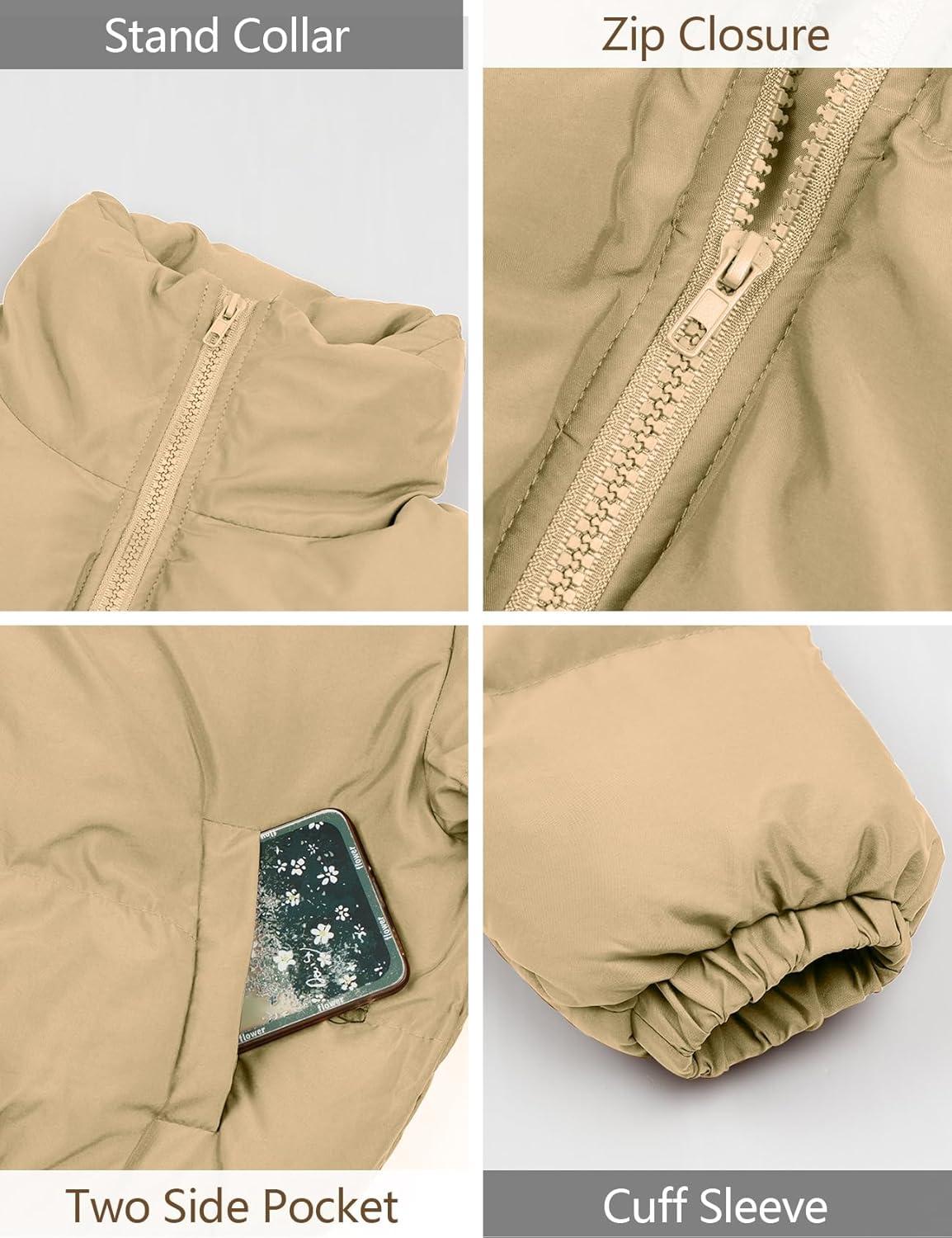 Arssm Women Cropped Puffer Jacket Crop Quilted Jacket Short Warm Winter Coats Padded Puffy Jacket(Lightkhaki)