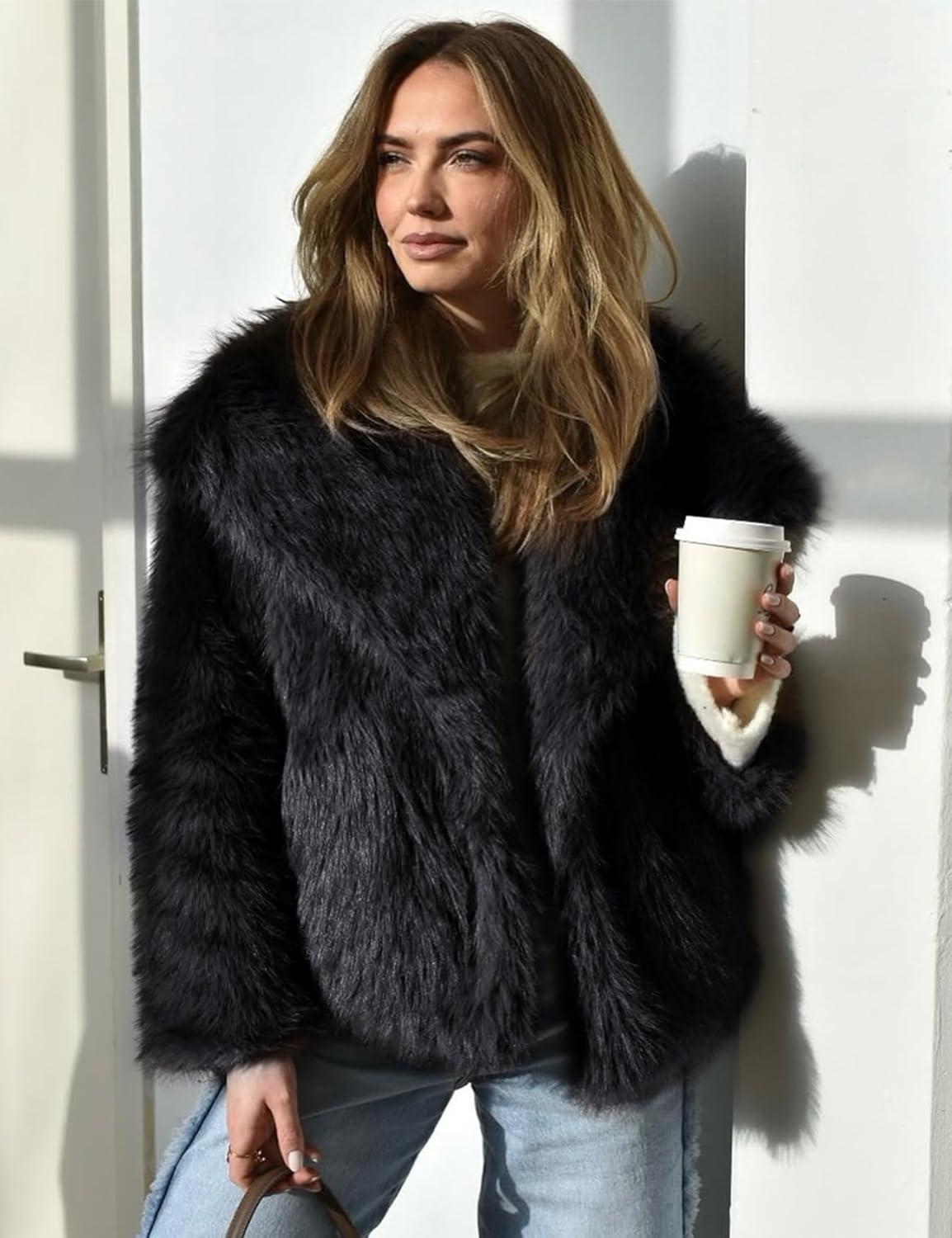 Arssm Women’s Faux Fur Coat Fluffy Shaggy Jacket Long Sleeve Lapel Coats Winter Warm Outwear(Black)