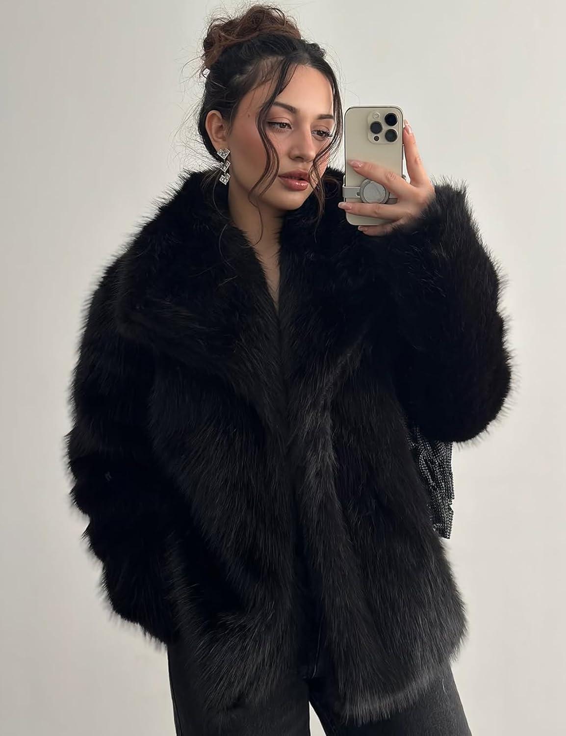 Arssm Women’s Faux Fur Coat Fluffy Shaggy Jacket Long Sleeve Lapel Coats Winter Warm Outwear(Black)