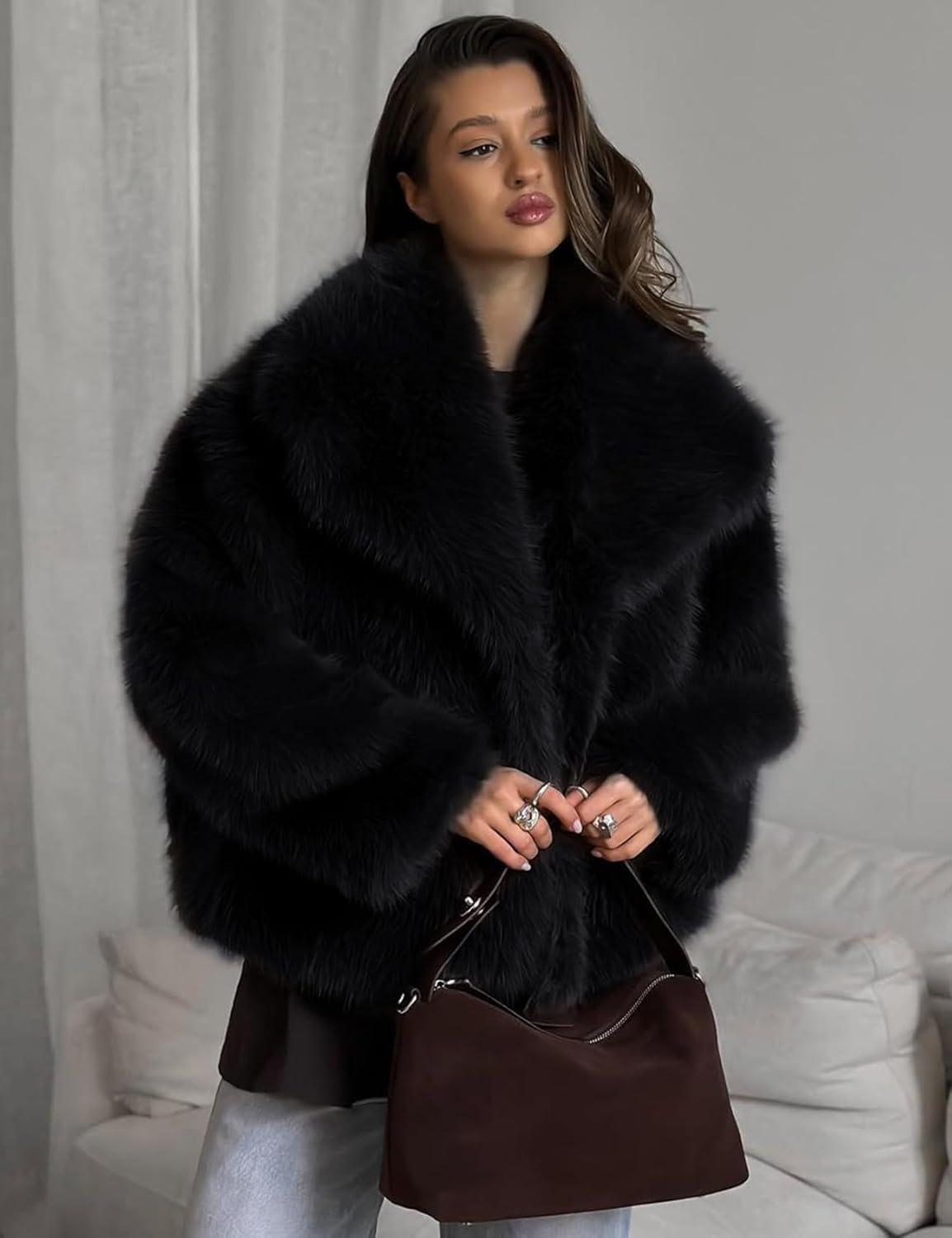 Arssm Women’s Faux Fur Coat Fluffy Shaggy Jacket Long Sleeve Lapel Coats Winter Warm Outwear(Black)