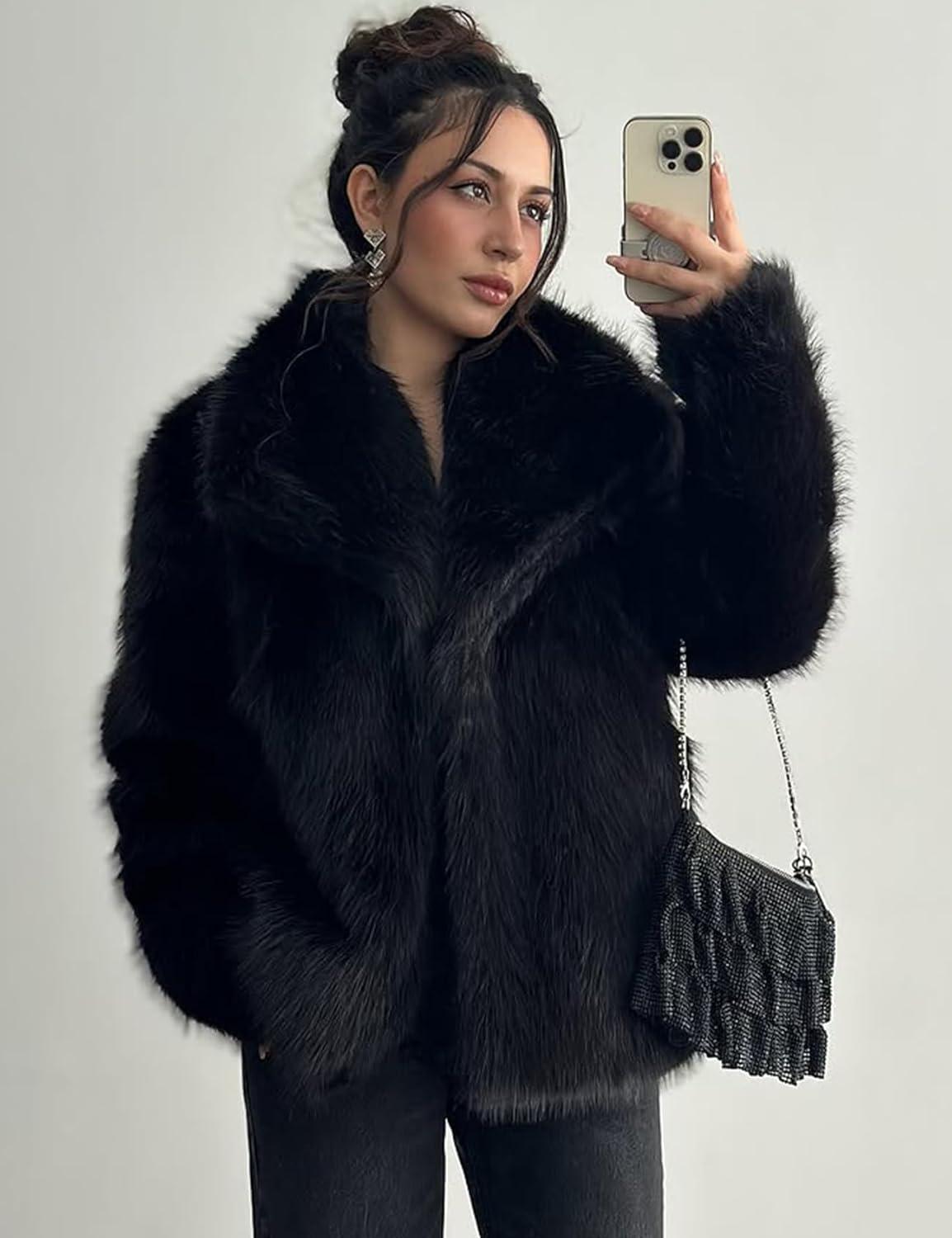 Arssm Women’s Faux Fur Coat Fluffy Shaggy Jacket Long Sleeve Lapel Coats Winter Warm Outwear(Black)