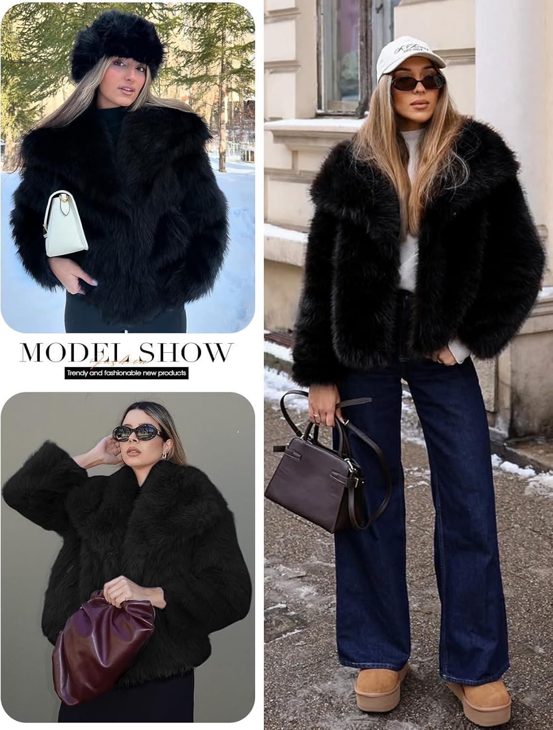 Arssm Women’s Faux Fur Coat Fluffy Shaggy Jacket Long Sleeve Lapel Coats Winter Warm Outwear(Black)