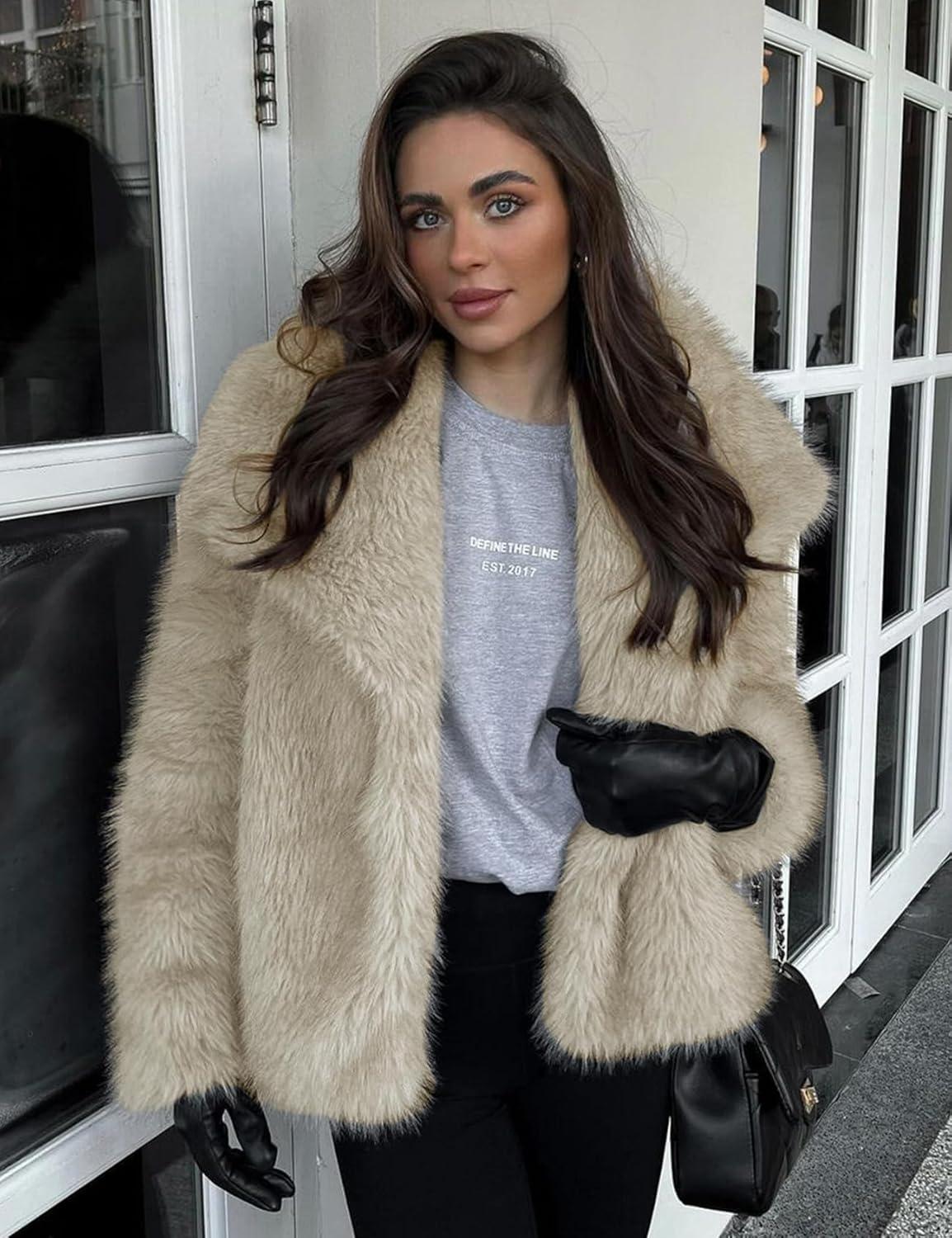Arssm Women’s Faux Fur Coat Fluffy Shaggy Jacket Long Sleeve Lapel Coats Winter Warm Outwear(Apricot)