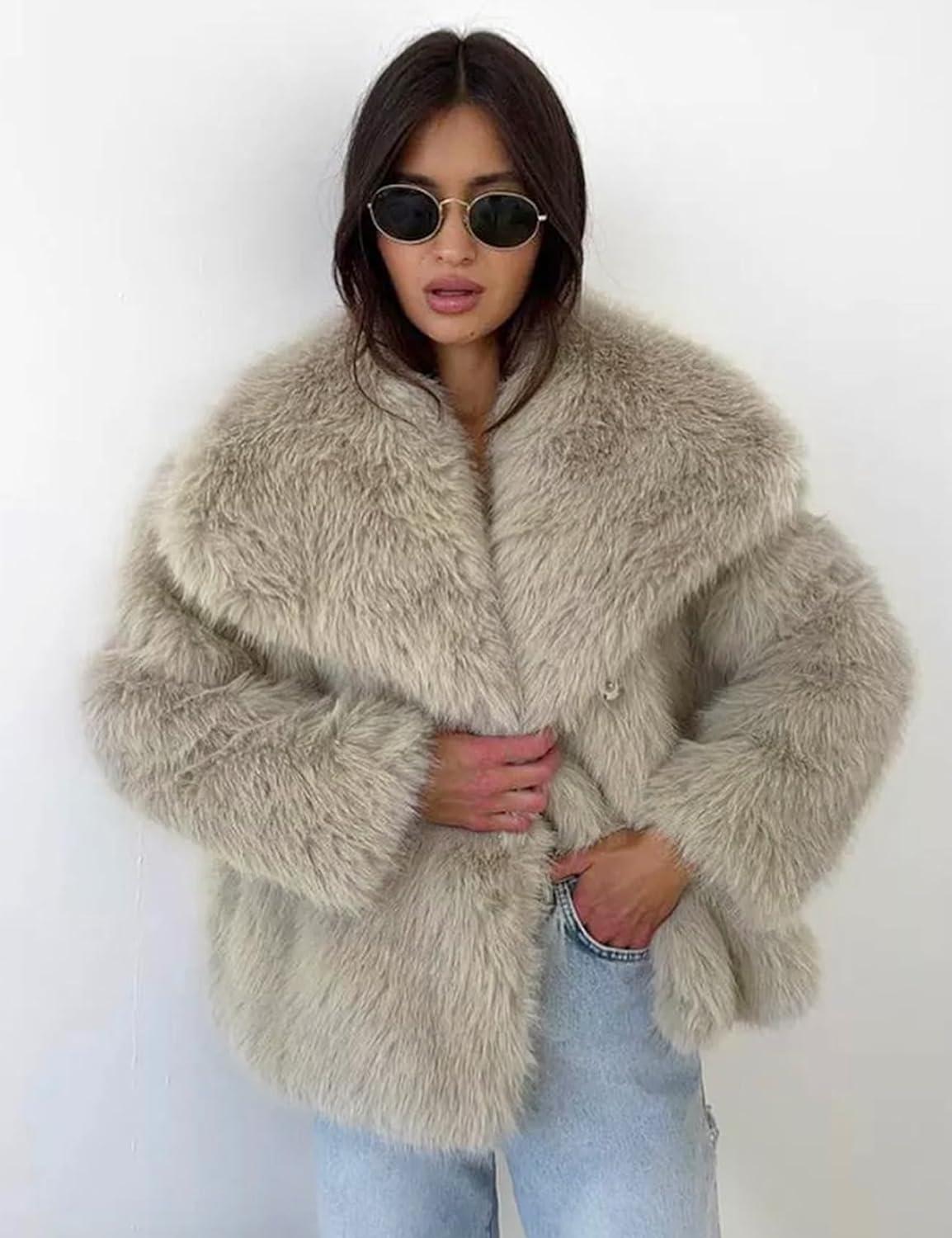Arssm Women’s Faux Fur Coat Fluffy Shaggy Jacket Long Sleeve Lapel Coats Winter Warm Outwear(Apricot)