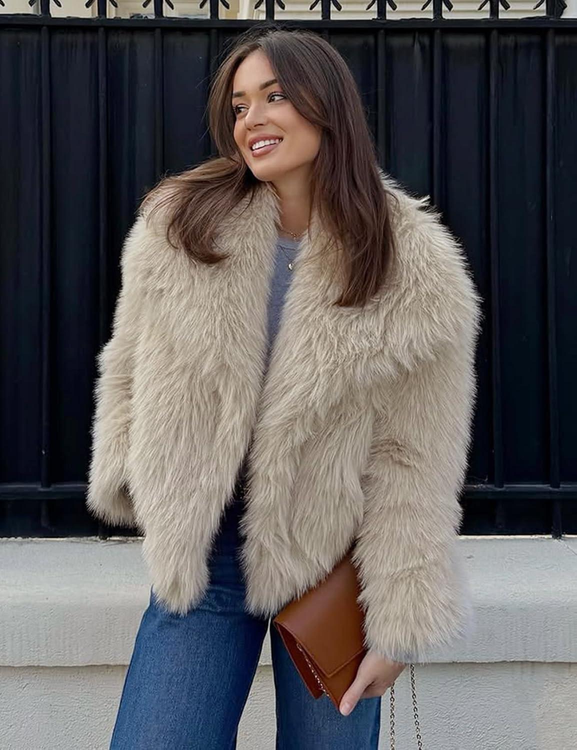 Arssm Women’s Faux Fur Coat Fluffy Shaggy Jacket Long Sleeve Lapel Coats Winter Warm Outwear(Apricot)