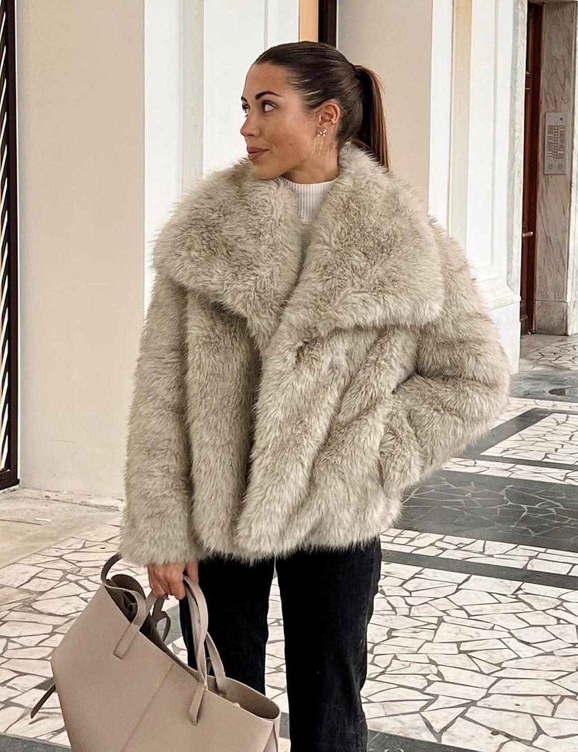 Arssm Women’s Faux Fur Coat Fluffy Shaggy Jacket Long Sleeve Lapel Coats Winter Warm Outwear(Apricot)