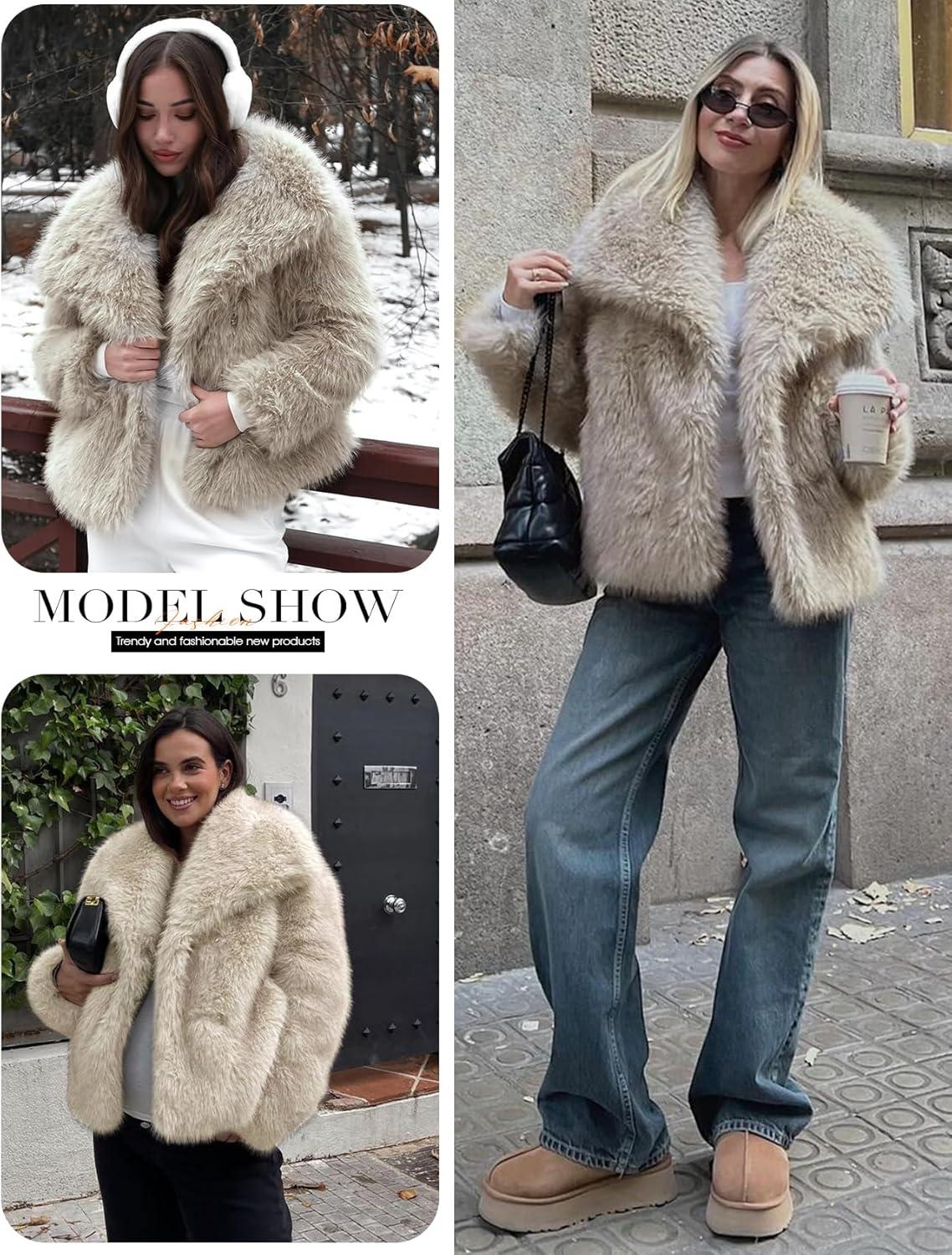 Arssm Women’s Faux Fur Coat Fluffy Shaggy Jacket Long Sleeve Lapel Coats Winter Warm Outwear(Apricot)
