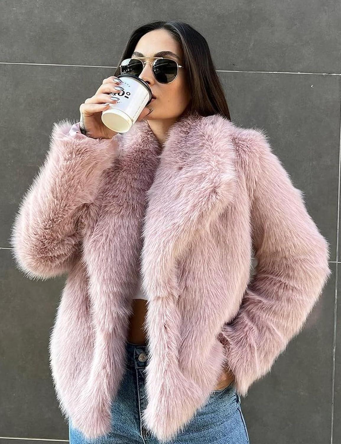 Arssm Women’s Faux Fur Coat Fluffy Shaggy Jacket Long Sleeve Lapel Coats Winter Warm Outwear(Pink)