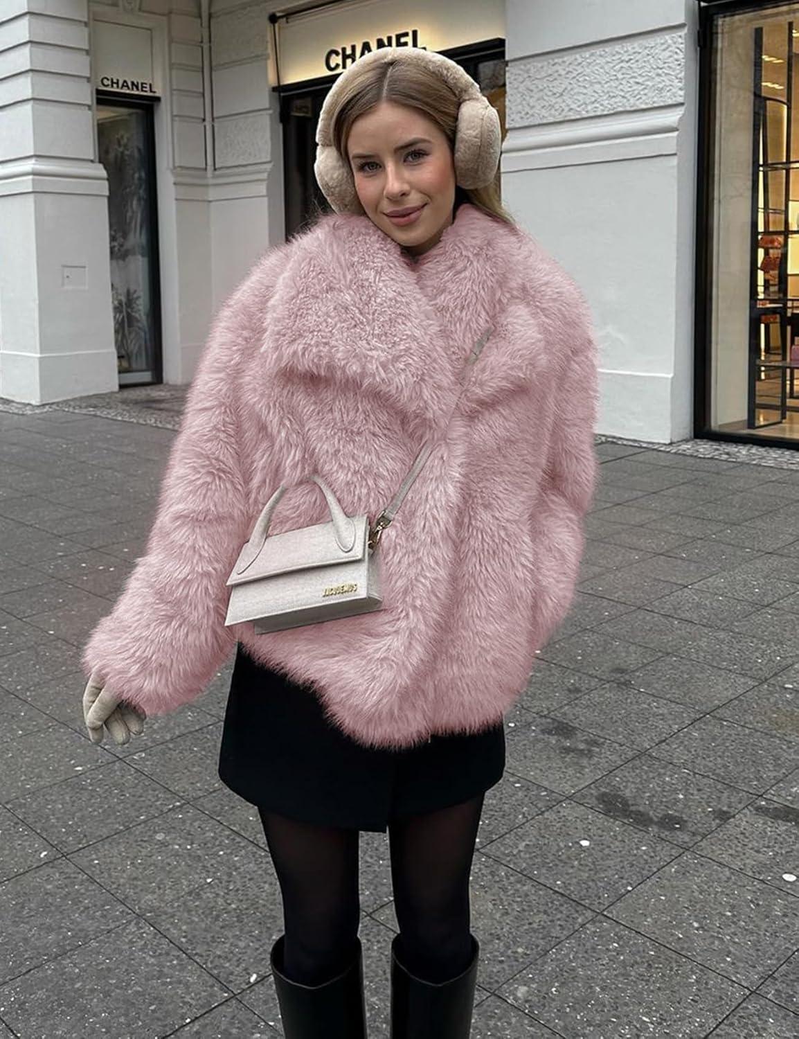 Arssm Women’s Faux Fur Coat Fluffy Shaggy Jacket Long Sleeve Lapel Coats Winter Warm Outwear(Pink)