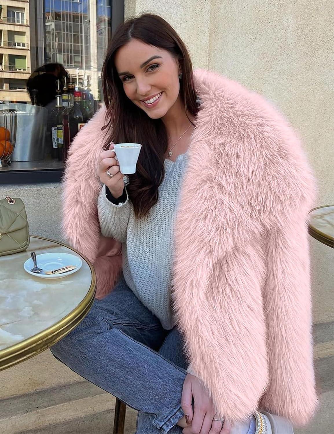 Arssm Women’s Faux Fur Coat Fluffy Shaggy Jacket Long Sleeve Lapel Coats Winter Warm Outwear(Pink)