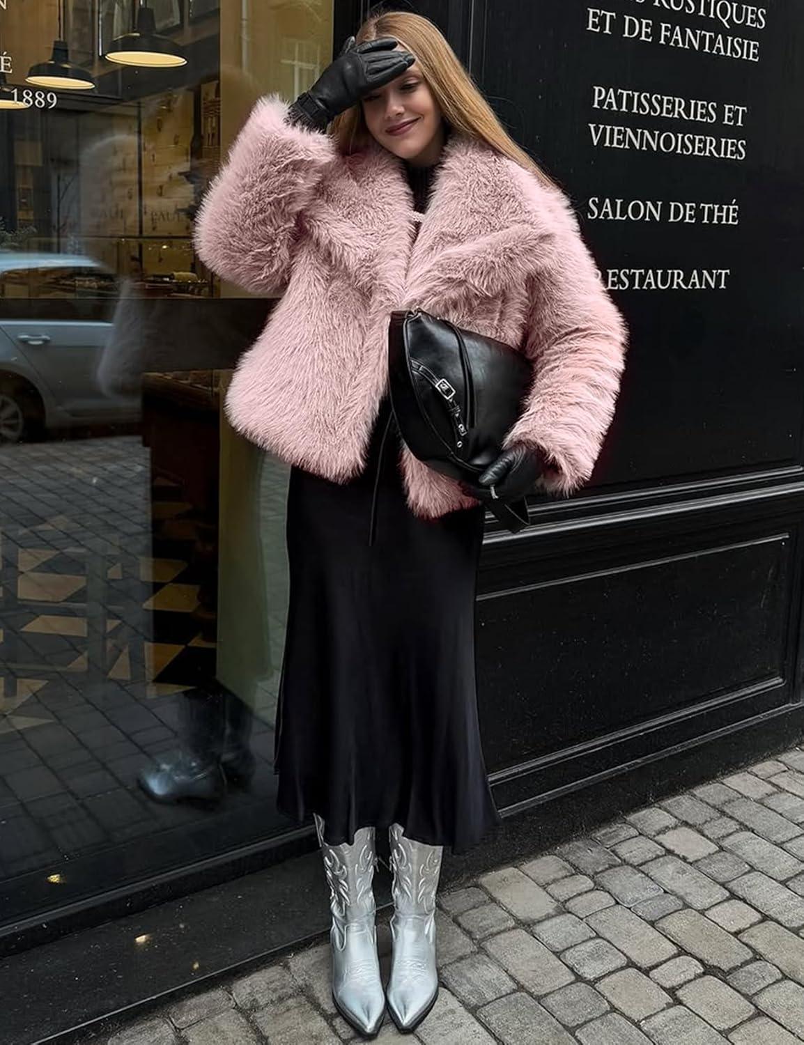 Arssm Women’s Faux Fur Coat Fluffy Shaggy Jacket Long Sleeve Lapel Coats Winter Warm Outwear(Pink)