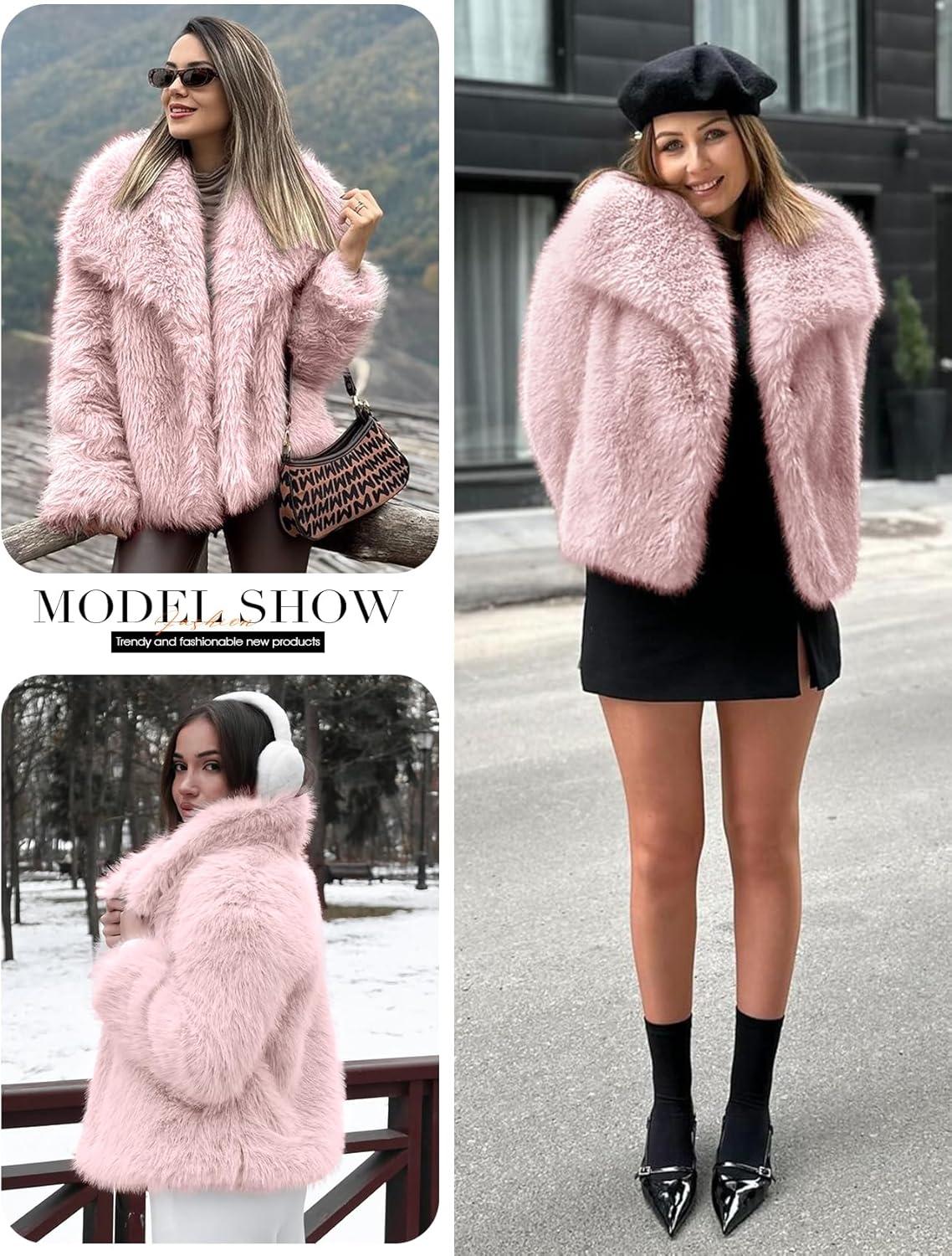 Arssm Women’s Faux Fur Coat Fluffy Shaggy Jacket Long Sleeve Lapel Coats Winter Warm Outwear(Pink)