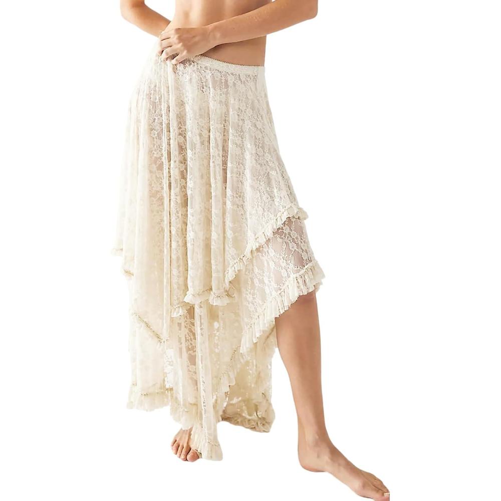 Arssm Women Long Lace Skirts Elastic Asymmetrical Layered Sexy See-Through Beach Floral Maxi Sheer Skirts(Beige)
