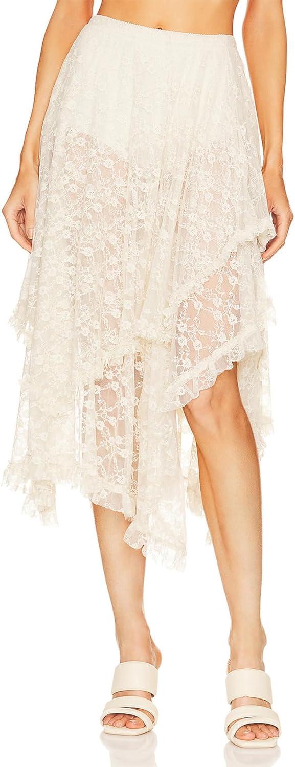 Arssm Women Long Lace Skirts Elastic Asymmetrical Layered Sexy See-Through Beach Floral Maxi Sheer Skirts(Beige)