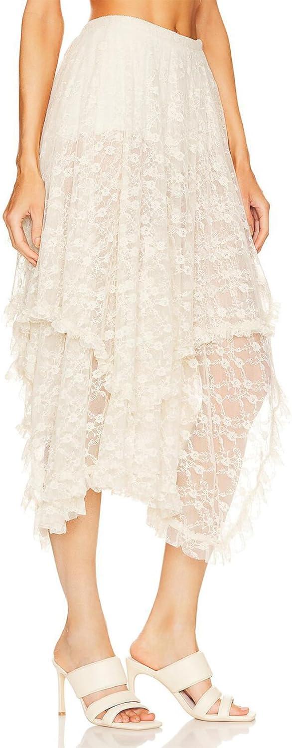 Arssm Women Long Lace Skirts Elastic Asymmetrical Layered Sexy See-Through Beach Floral Maxi Sheer Skirts(Beige)
