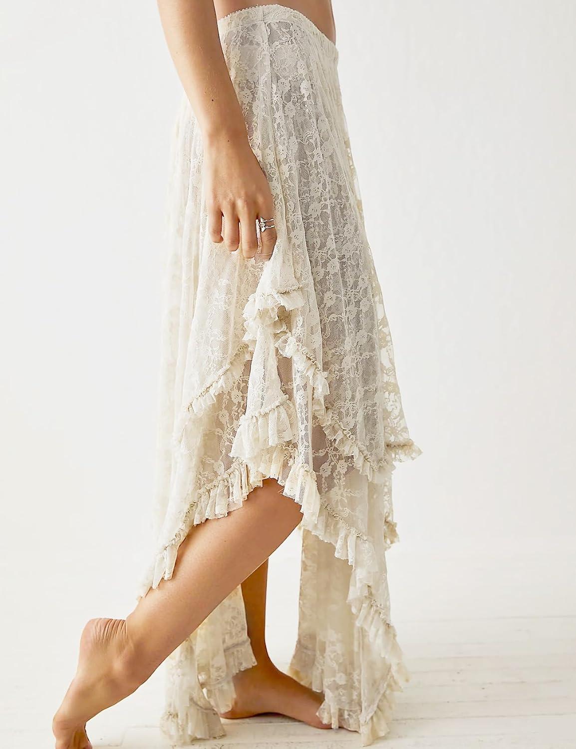 Arssm Women Long Lace Skirts Elastic Asymmetrical Layered Sexy See-Through Beach Floral Maxi Sheer Skirts(Beige)