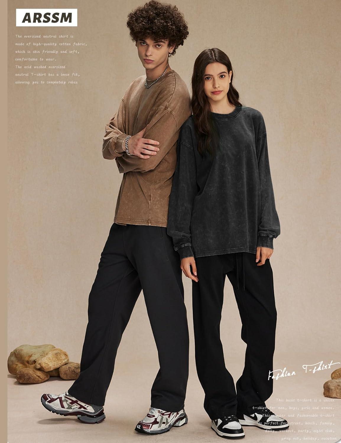 Arssm Oversized T-Shirts for Women Cotton Long Sleeve Vintage Acid Wash Baggy T Shirts(Black+khaki+beige)