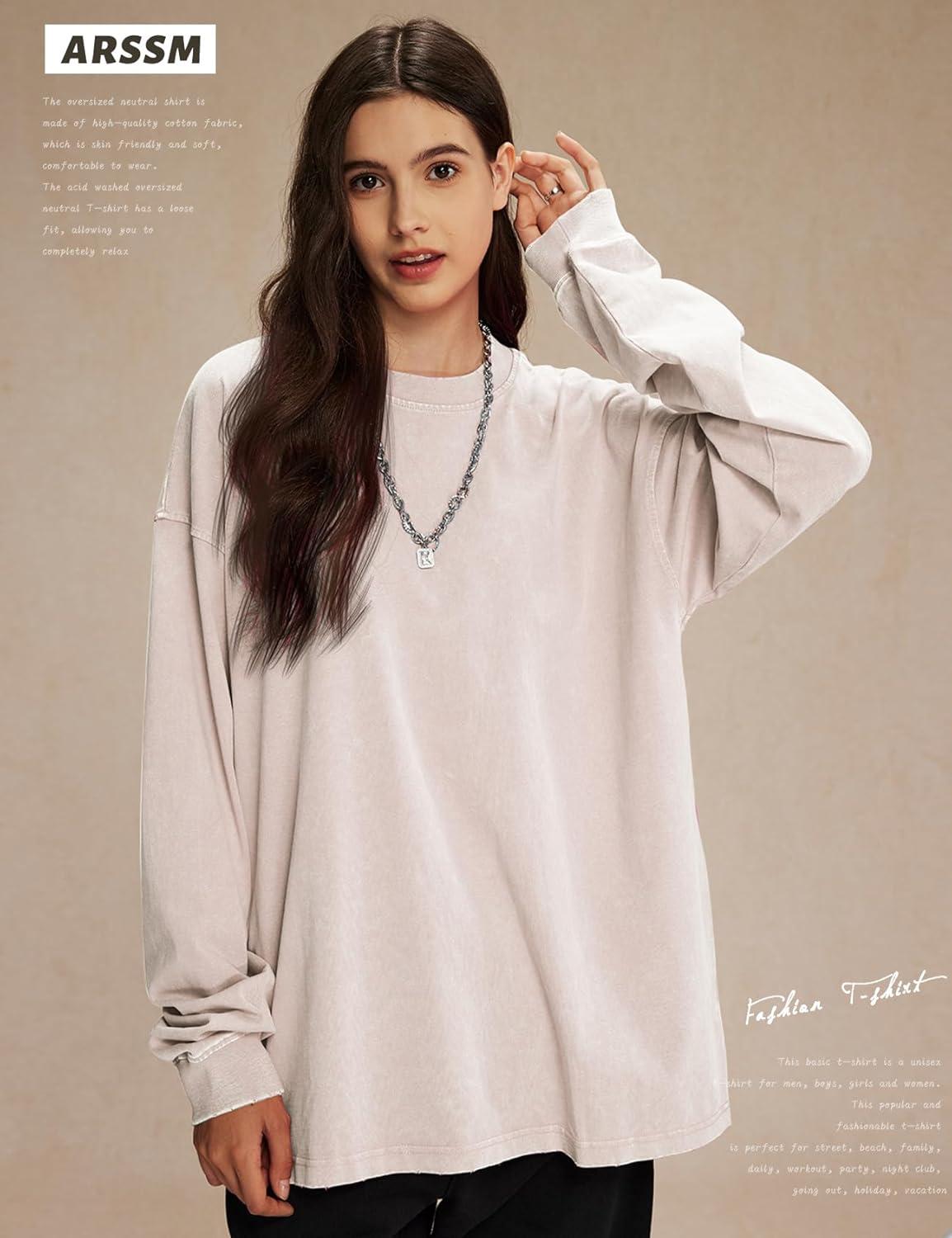 Arssm Oversized T-Shirts for Women Cotton Long Sleeve Vintage Acid Wash Baggy T Shirts(Black+khaki+beige)