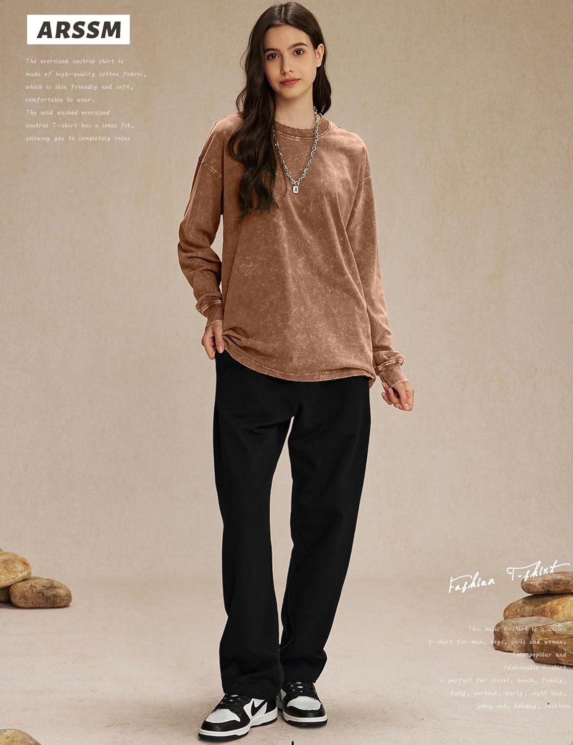 Arssm Oversized T-Shirts for Women Cotton Long Sleeve Vintage Acid Wash Baggy T Shirts(Black+khaki+beige)
