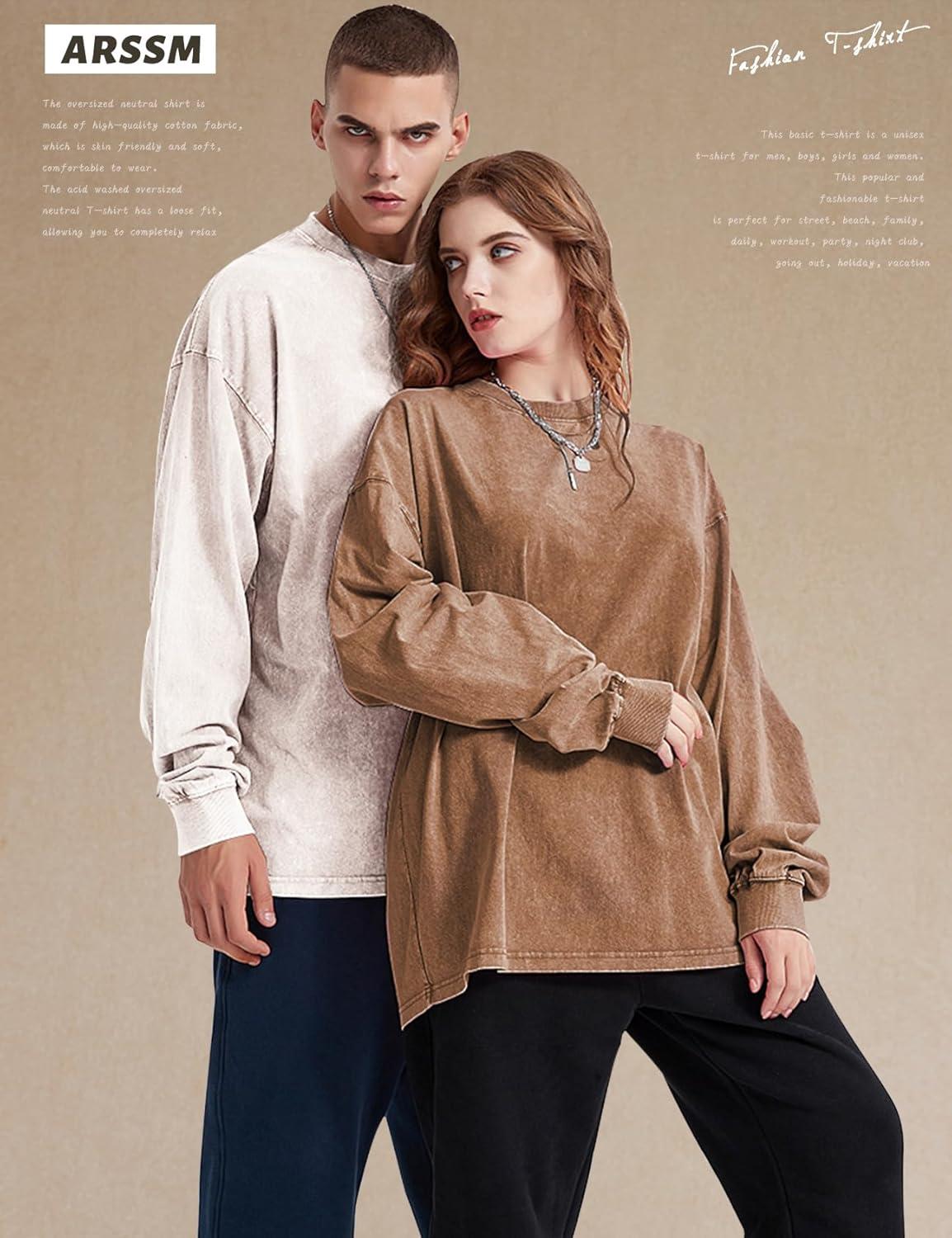 Arssm Oversized T-Shirts for Women Cotton Long Sleeve Vintage Acid Wash Baggy T Shirts(Black+khaki+beige)