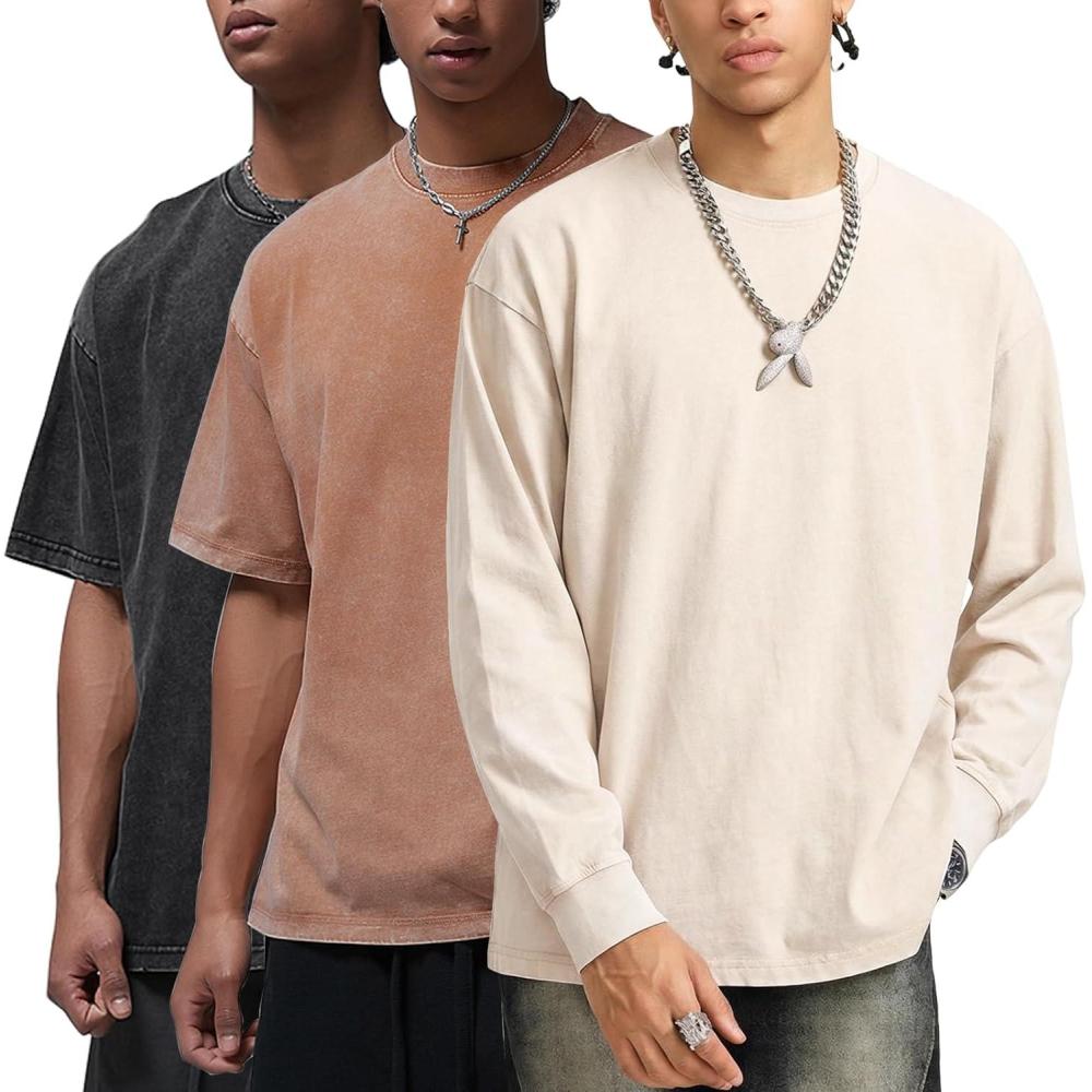 Arssm Mens Oversized T Shirts Cotton Acid Wash T-Shirts Baggy Vintage Tees Loose Fit Heavyweight Streetwear Tops(Black+khaki-beige)