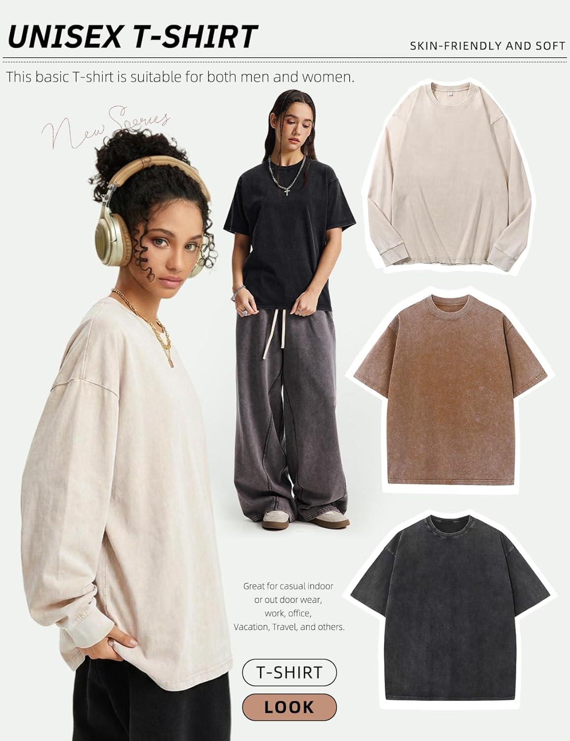 Arssm Mens Oversized T Shirts Cotton Acid Wash T-Shirts Baggy Vintage Tees Loose Fit Heavyweight Streetwear Tops(Black+khaki-beige)