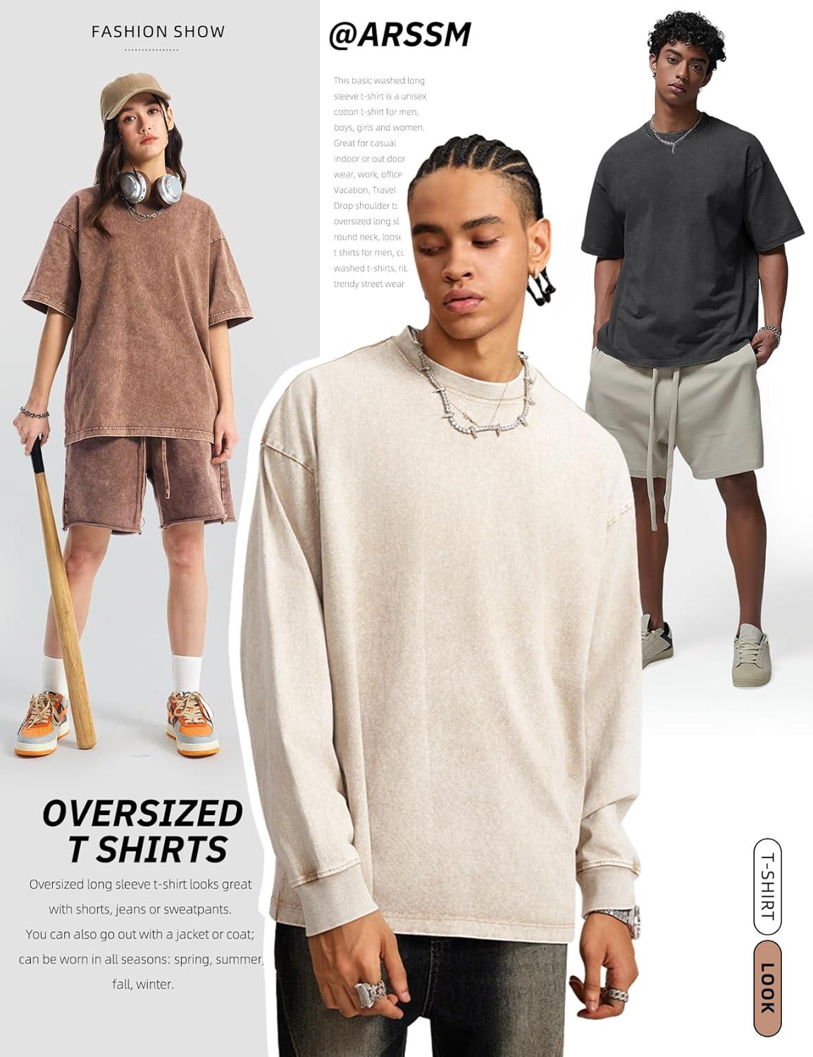 Arssm Mens Oversized T Shirts Cotton Acid Wash T-Shirts Baggy Vintage Tees Loose Fit Heavyweight Streetwear Tops(Black+khaki-beige)