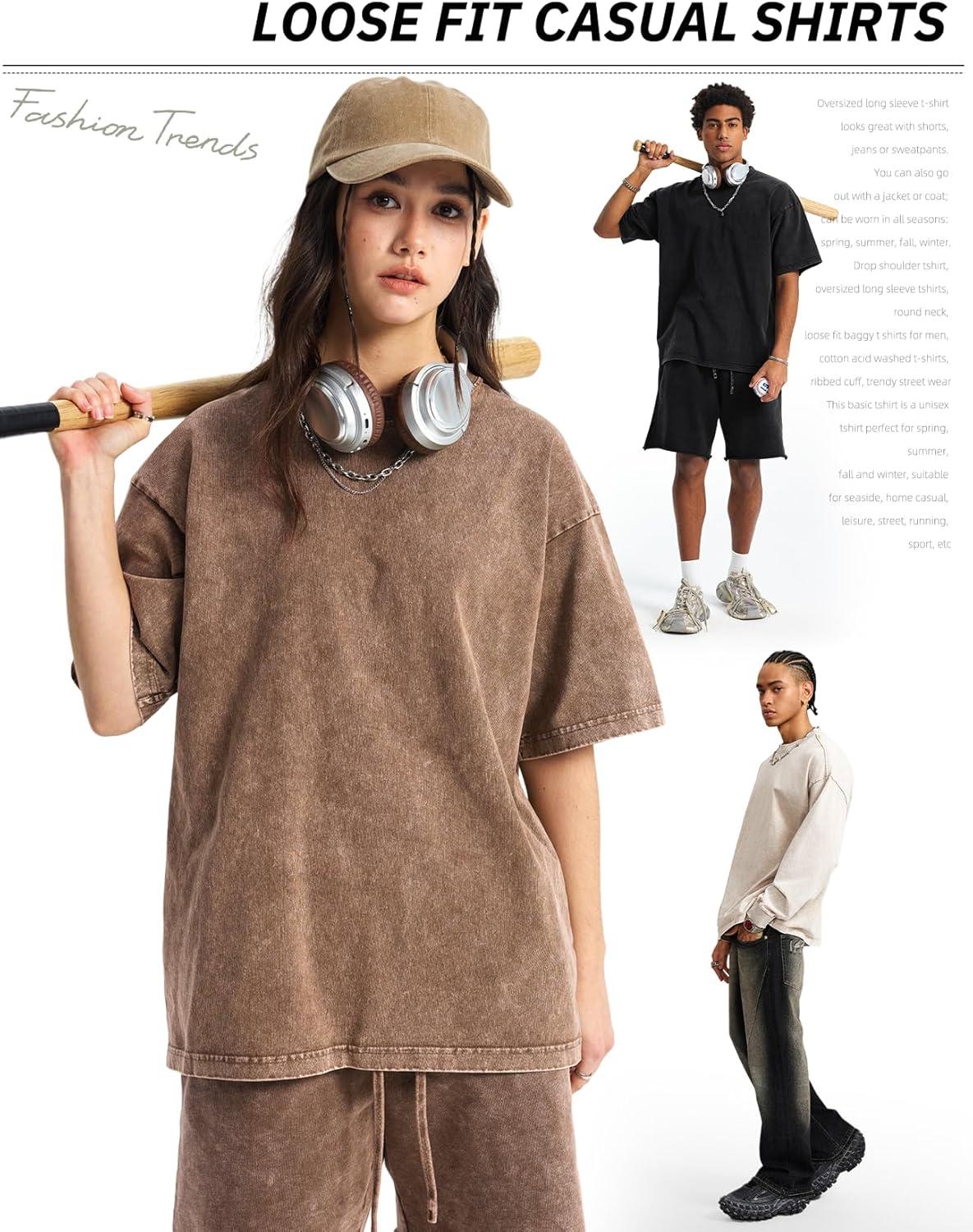 Arssm Mens Oversized T Shirts Cotton Acid Wash T-Shirts Baggy Vintage Tees Loose Fit Heavyweight Streetwear Tops(Black+khaki-beige)
