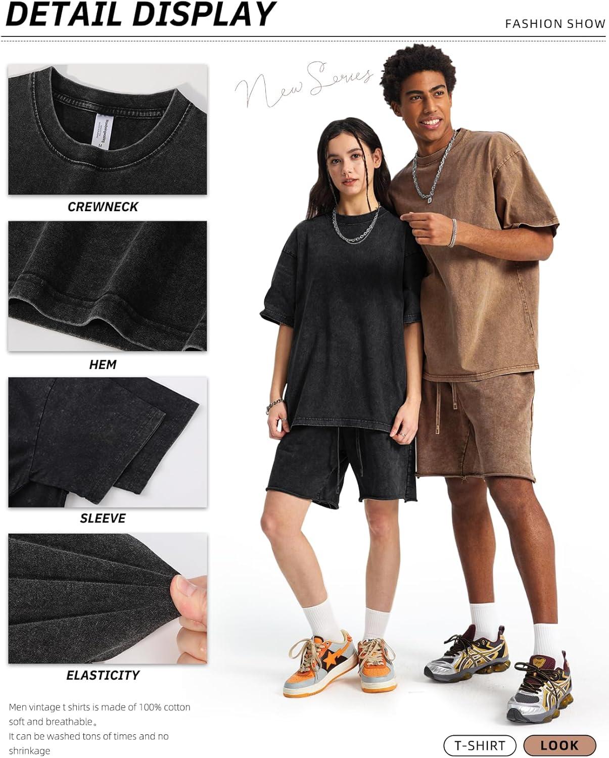 Arssm Mens Oversized T Shirts Cotton Acid Wash T-Shirts Baggy Vintage Tees Loose Fit Heavyweight Streetwear Tops(Black+khaki-beige)